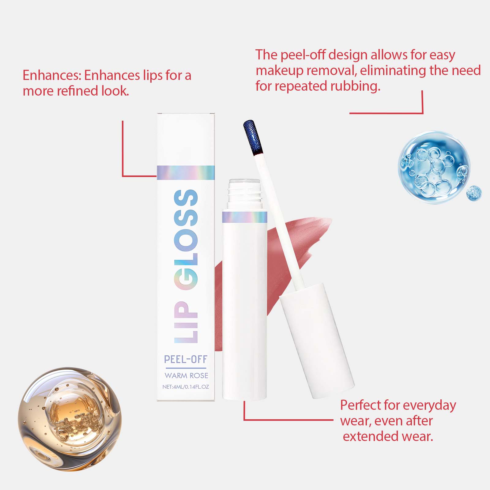 (Warm Rose) Peel Lip Tint Natural Color Render Mild Gloss Lightweight Non Sticky Versatile Portable Daily Lip Makeup