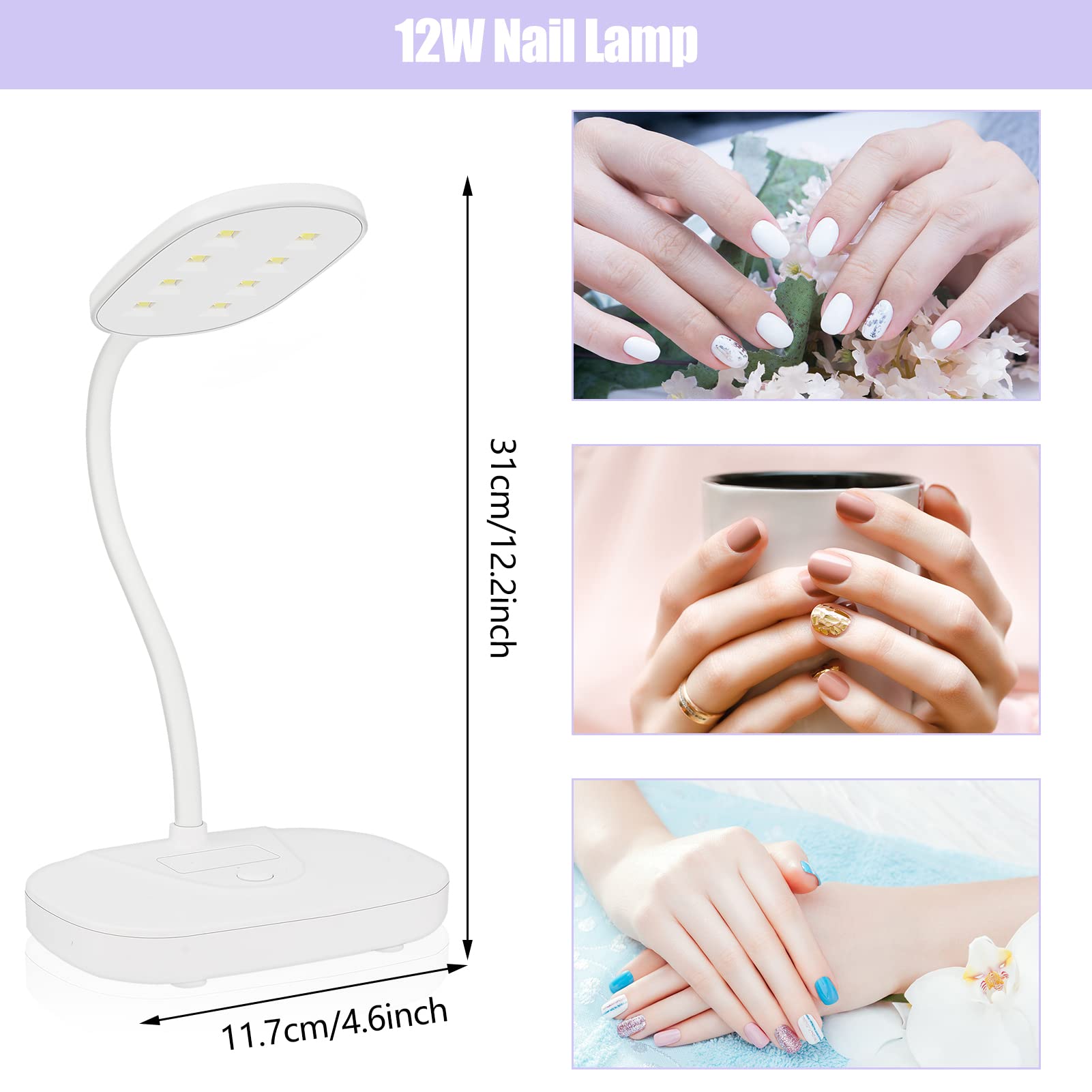 LED Nail Lamp Rechargeable Cordless UV Mini Nail Dryer Portable Nail Tips Glue Curing Lamp Manicure Table Model 12W Rotatable 60s USB Charing Timer Quick Dry for Home DIY Salon