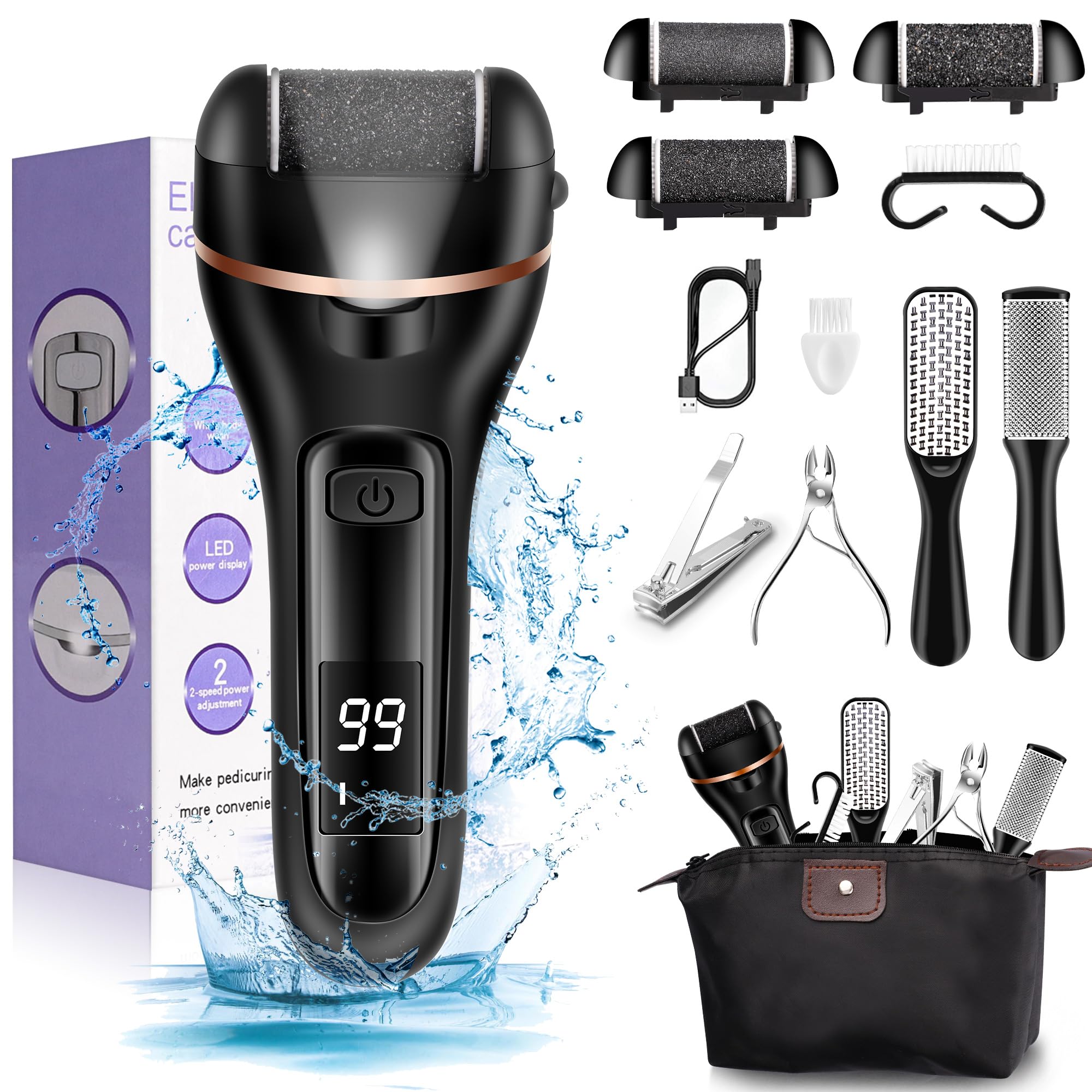 (Black) Hard Skin Remover Foot File Electric Ratukall Rechargeable Dry Skin Remover for Feet Professional Pedicure Tools Foot Scrubber Care Kit with Storage Bag for Dead Skin Cracked Corn Heels Calluses