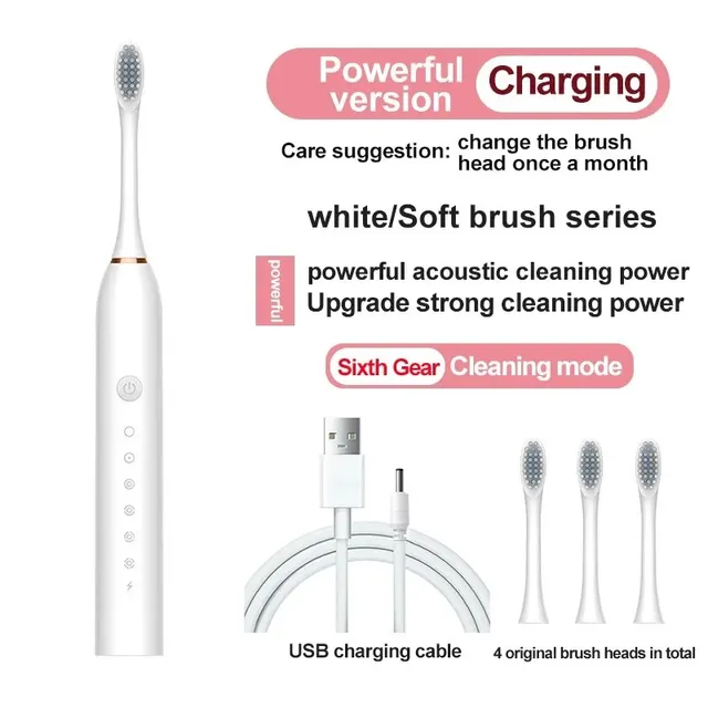 (Black) Electric Ultrasonic Toothbrush Six Speed Mode Home Soft Hair USB Charging Waterproof Adult Tooth Cleaner Automatic Couple Set