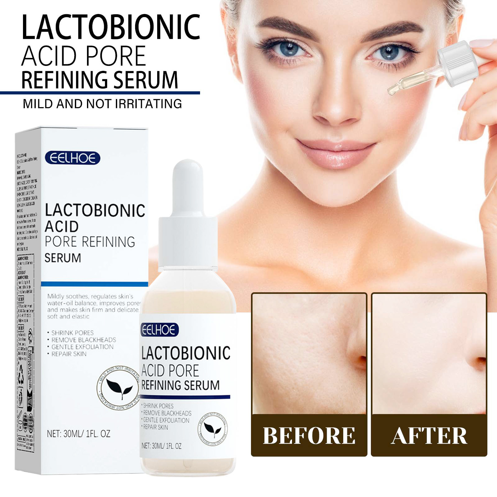 Lactobionic Acid Pore Shrink Face Serum Hyaluronic Acid Moisturizer Nourish Essence Firm Refine Skin Texture Elasticity Cleanse Blackheads Whiteheads 30ml