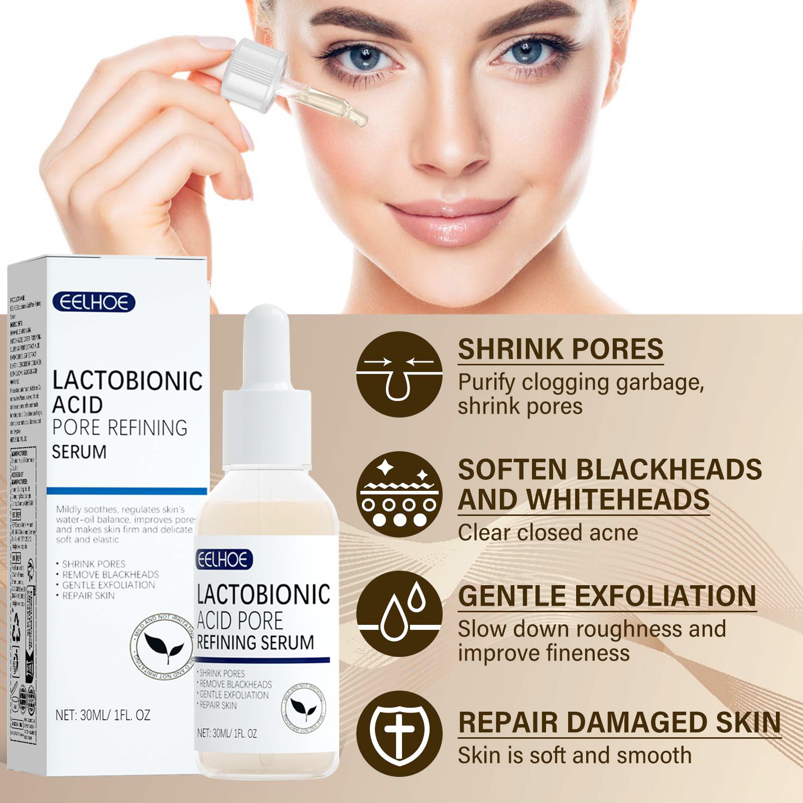 Lactobionic Acid Pore Shrink Face Serum Hyaluronic Acid Moisturizer Nourish Essence Firm Refine Skin Texture Elasticity Cleanse Blackheads Whiteheads 30ml