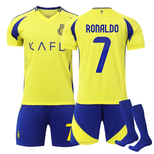 (Kids 16) 2425 No.7 Ronaldo Al Nassr Riyadh Victory Home Football Soccer Jersey Shorts Socks Gift Set Football Kit Boys Fans Youth Sizes
