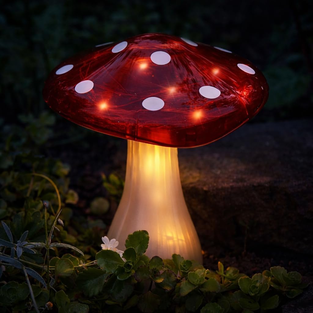 23cm Mega Mushroom Solar Garden Stake Light Hand Painted Red White 15 LED Bulbs IP44 Rated Rechargeable Battery Outdoor Decorative Feature for Flower Beds Pathw