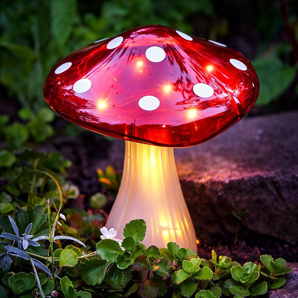 23cm Mega Mushroom Solar Garden Stake Light Hand Painted Red White 15 LED Bulbs IP44 Rated Rechargeable Battery Outdoor Decorative Feature for Flower Beds Pathw