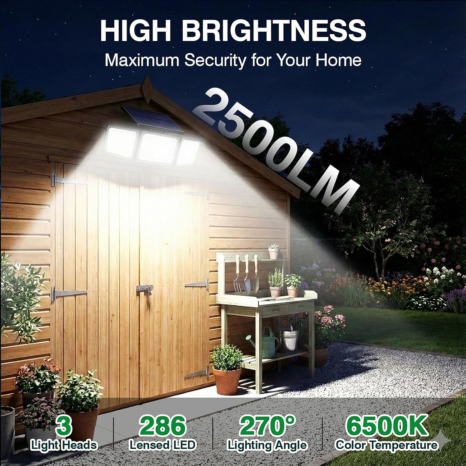 (2 pcs) Solar Lights Outdoor 286 LED 2500LM Solar Motion Sensor Light with Power Display Mode Indicators 6500K Adjustable 3-Head Security Flood Light IP65 Waterproof 