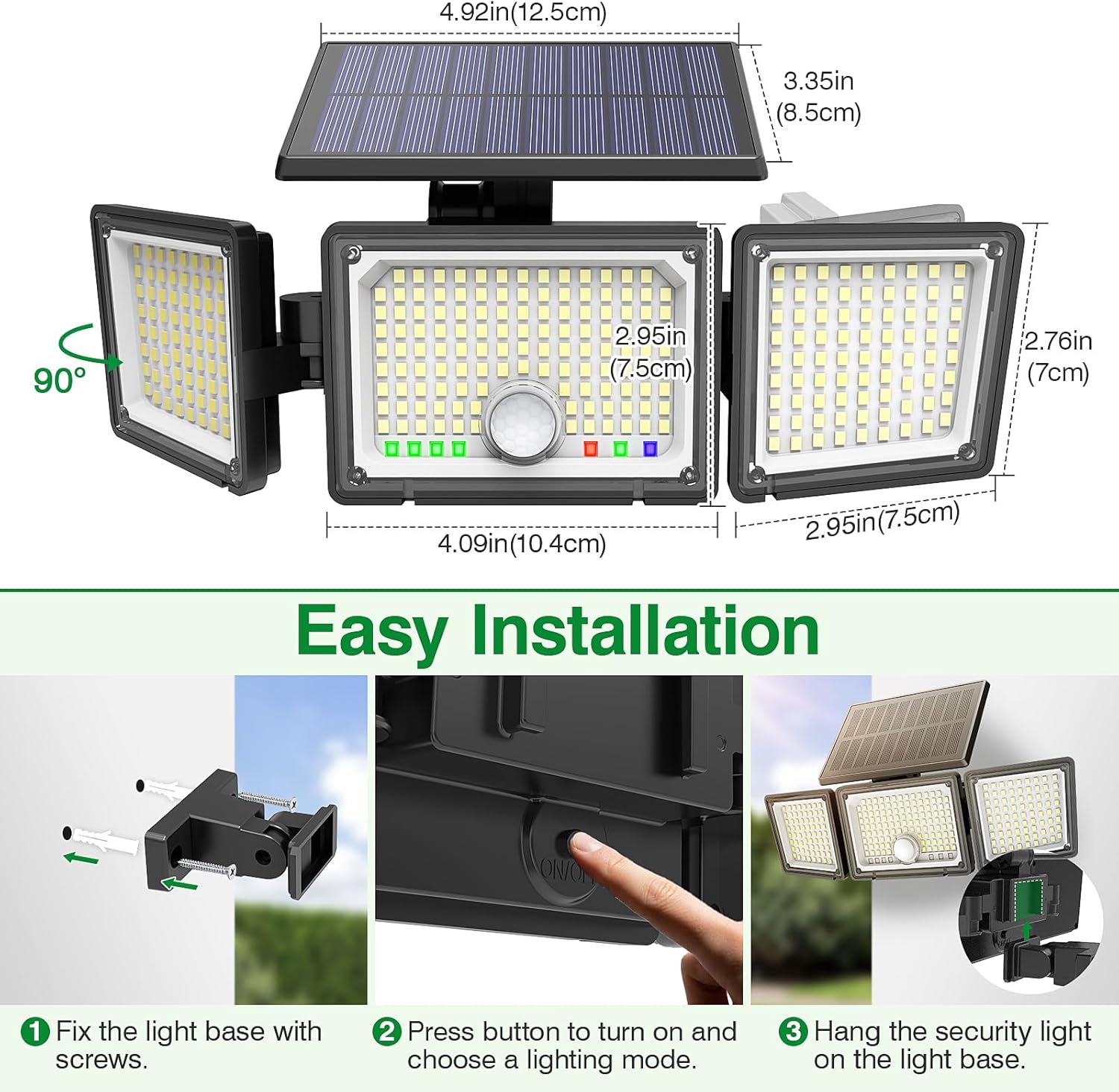 (2 pcs) Solar Lights Outdoor 286 LED 2500LM Solar Motion Sensor Light with Power Display Mode Indicators 6500K Adjustable 3-Head Security Flood Light IP65 Waterproof 