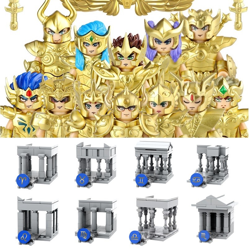 (12 PCS) Kid Toys New 12 Constellations Gold Saint Seiya Sanctuary Set With Clock Temple Building Blocks Mini Action Figure Toys