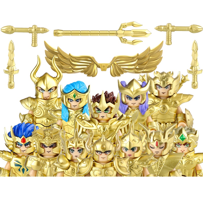 (12 PCS) Kid Toys New 12 Constellations Gold Saint Seiya Sanctuary Set With Clock Temple Building Blocks Mini Action Figure Toys