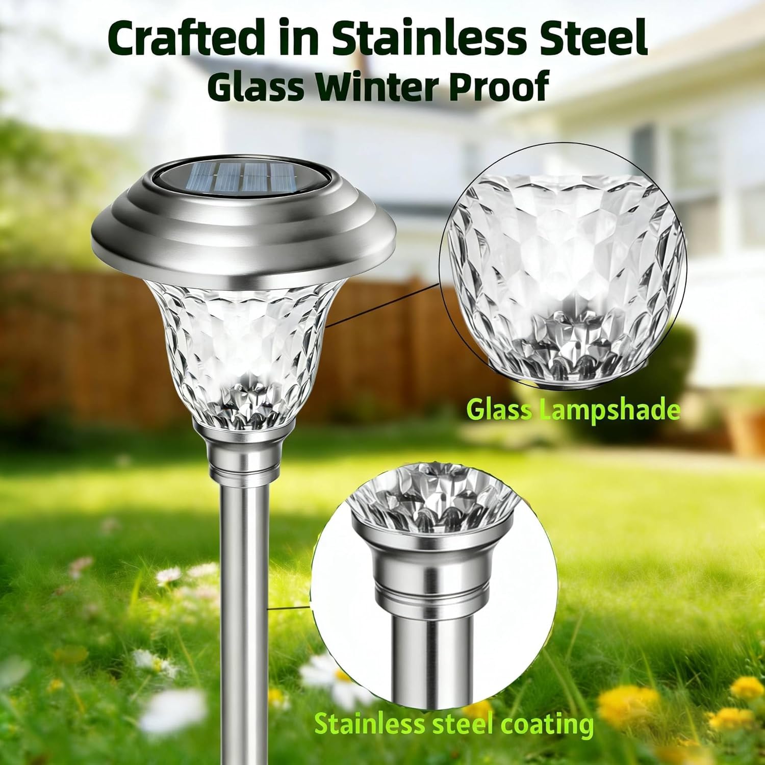 8 Pack Metal Garden Solar Lights Outdoor Christmas Decorations Waterproof 900mAh LED Solar Stake Lights Weatherproof Glass Lens Stainless Steel Pathway Lighting