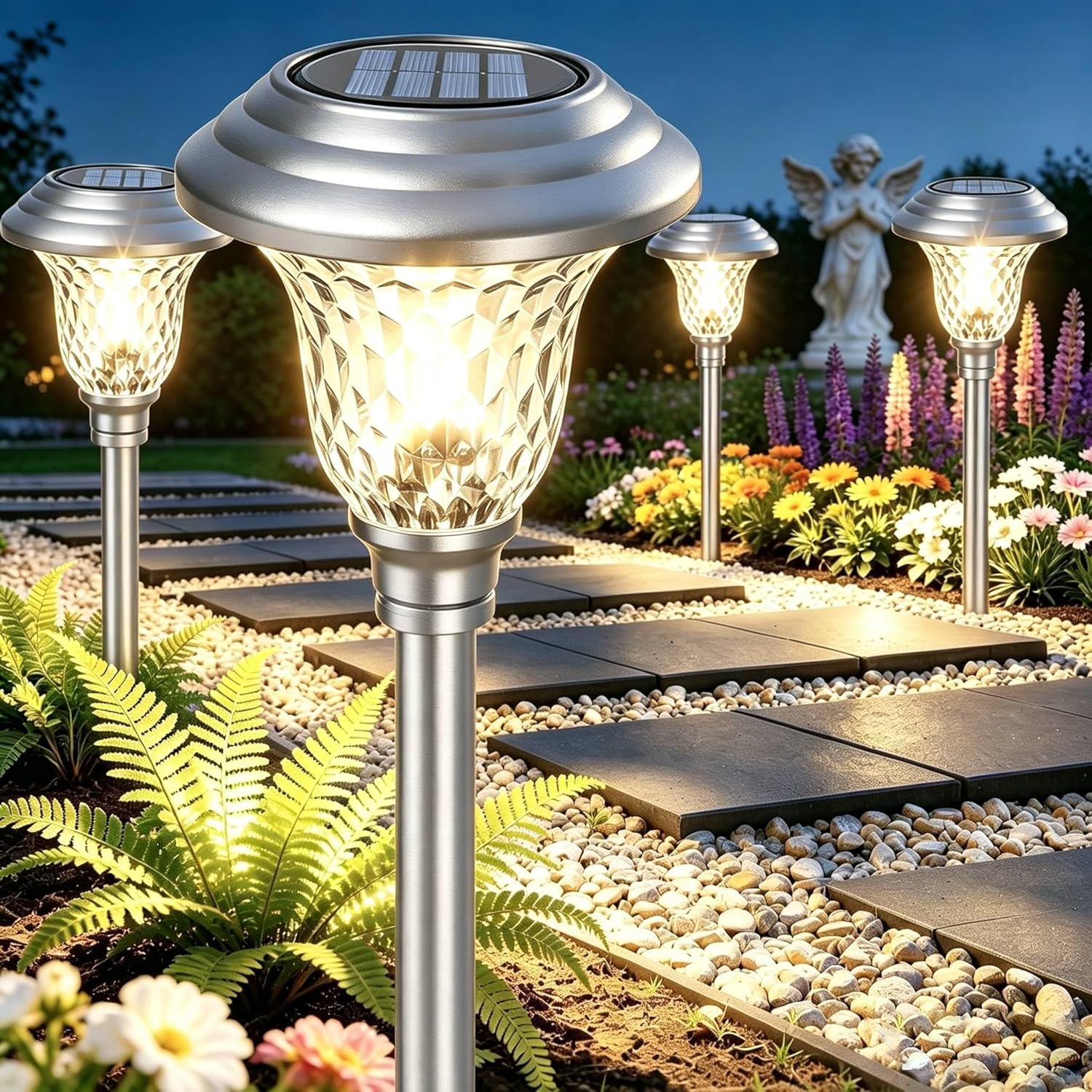 8 Pack Metal Garden Solar Lights Outdoor Christmas Decorations Waterproof 900mAh LED Solar Stake Lights Weatherproof Glass Lens Stainless Steel Pathway Lighting