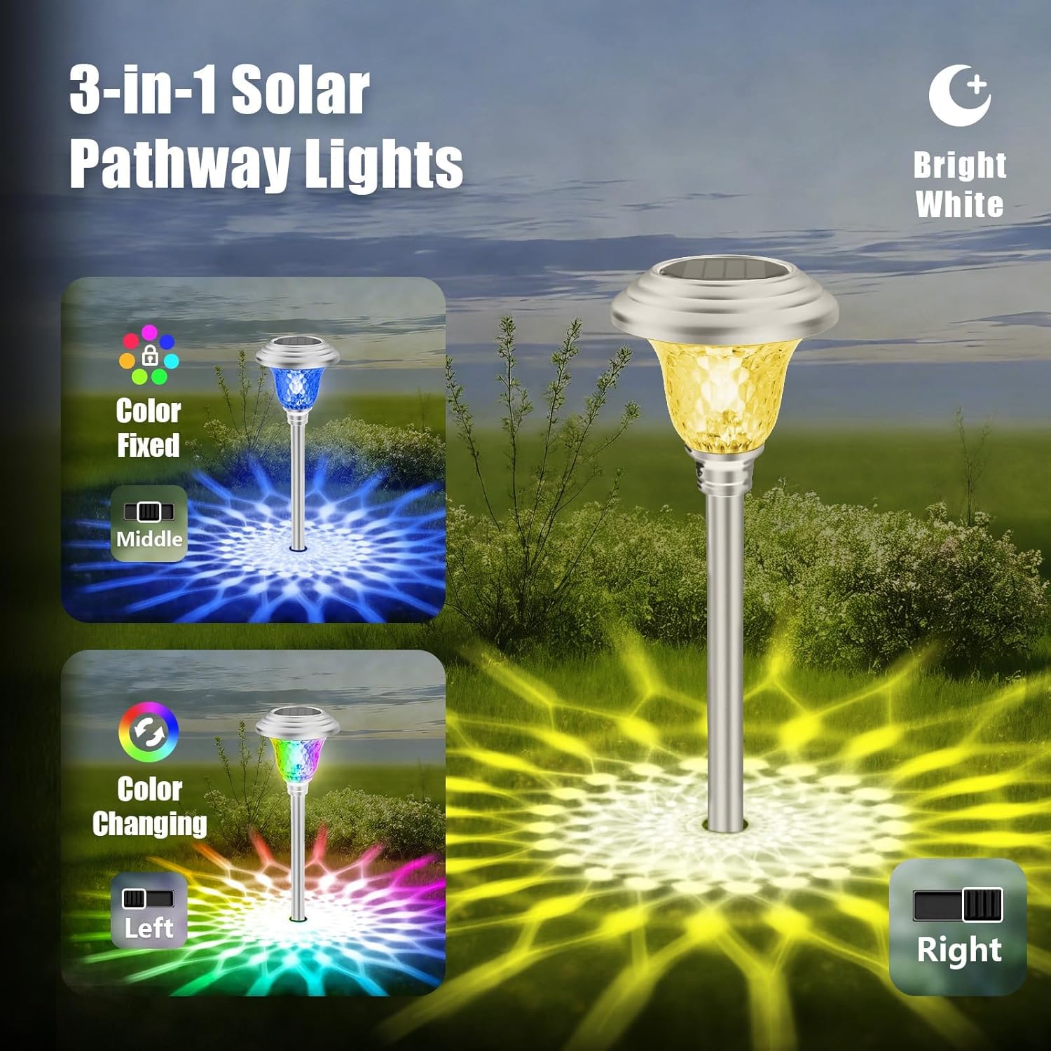 8 Pack Metal Garden Solar Lights Outdoor Christmas Decorations Waterproof 900mAh LED Solar Stake Lights Weatherproof Glass Lens Stainless Steel Pathway Lighting