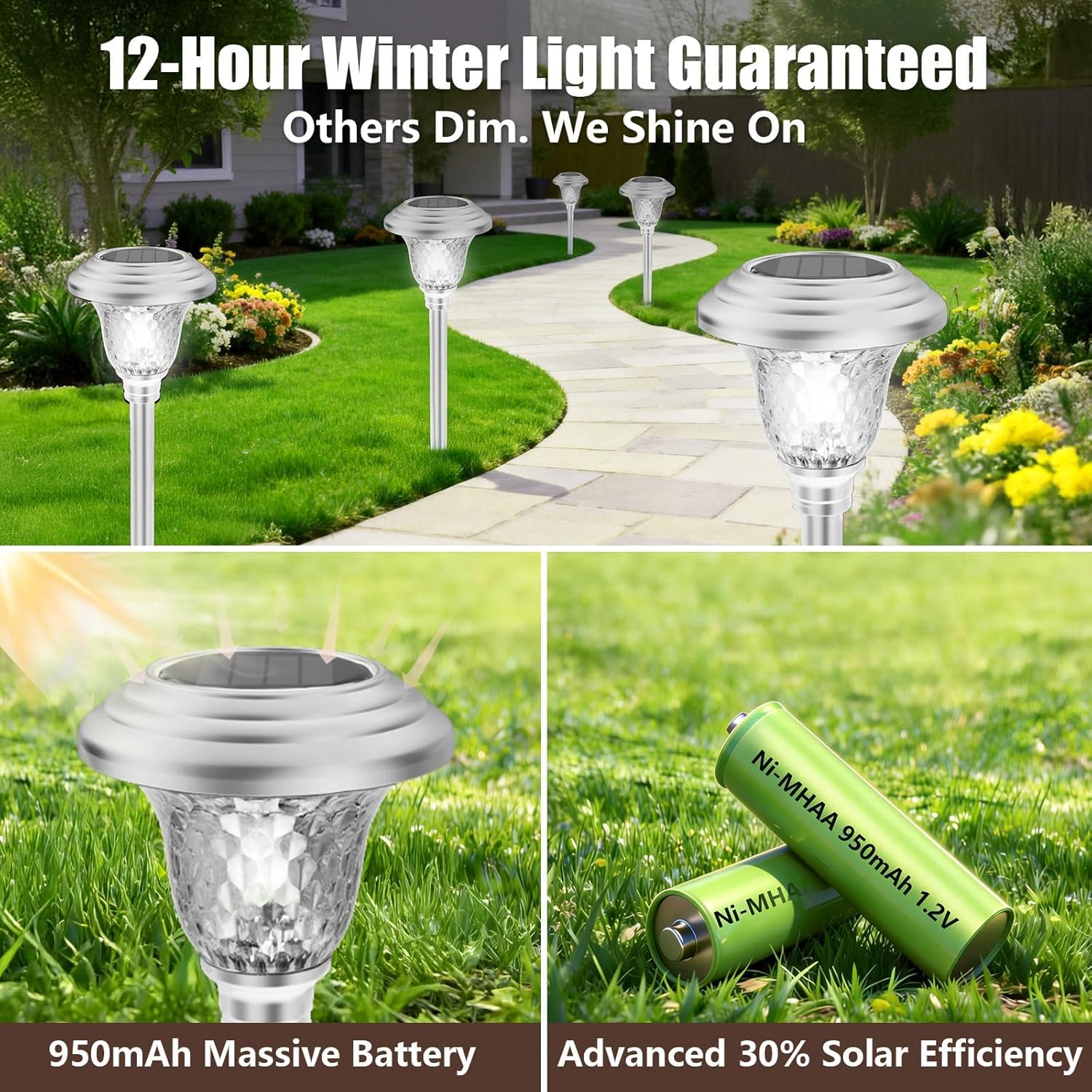 8 Pack Metal Garden Solar Lights Outdoor Christmas Decorations Waterproof 900mAh LED Solar Stake Lights Weatherproof Glass Lens Stainless Steel Pathway Lighting