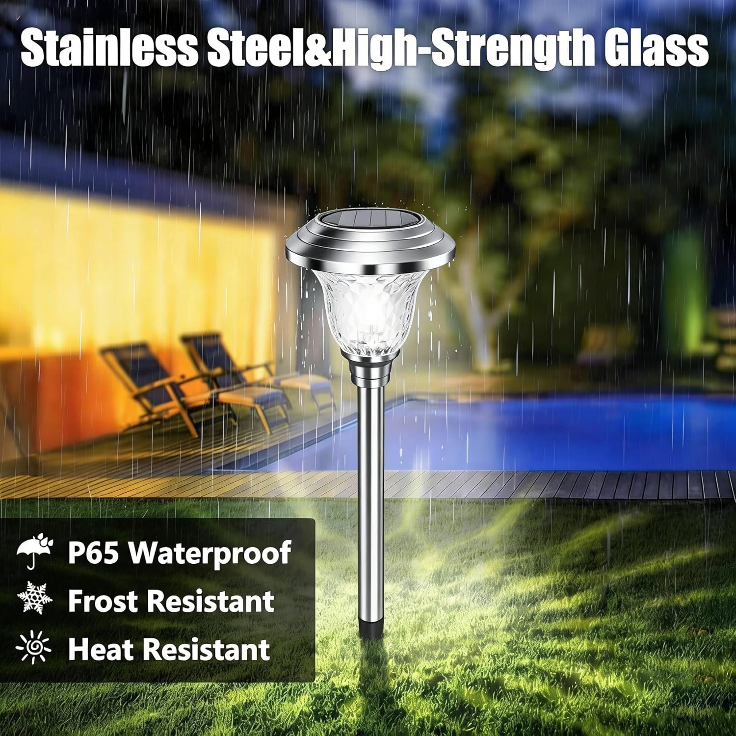 8 Pack Metal Garden Solar Lights Outdoor Christmas Decorations Waterproof 900mAh LED Solar Stake Lights Weatherproof Glass Lens Stainless Steel Pathway Lighting