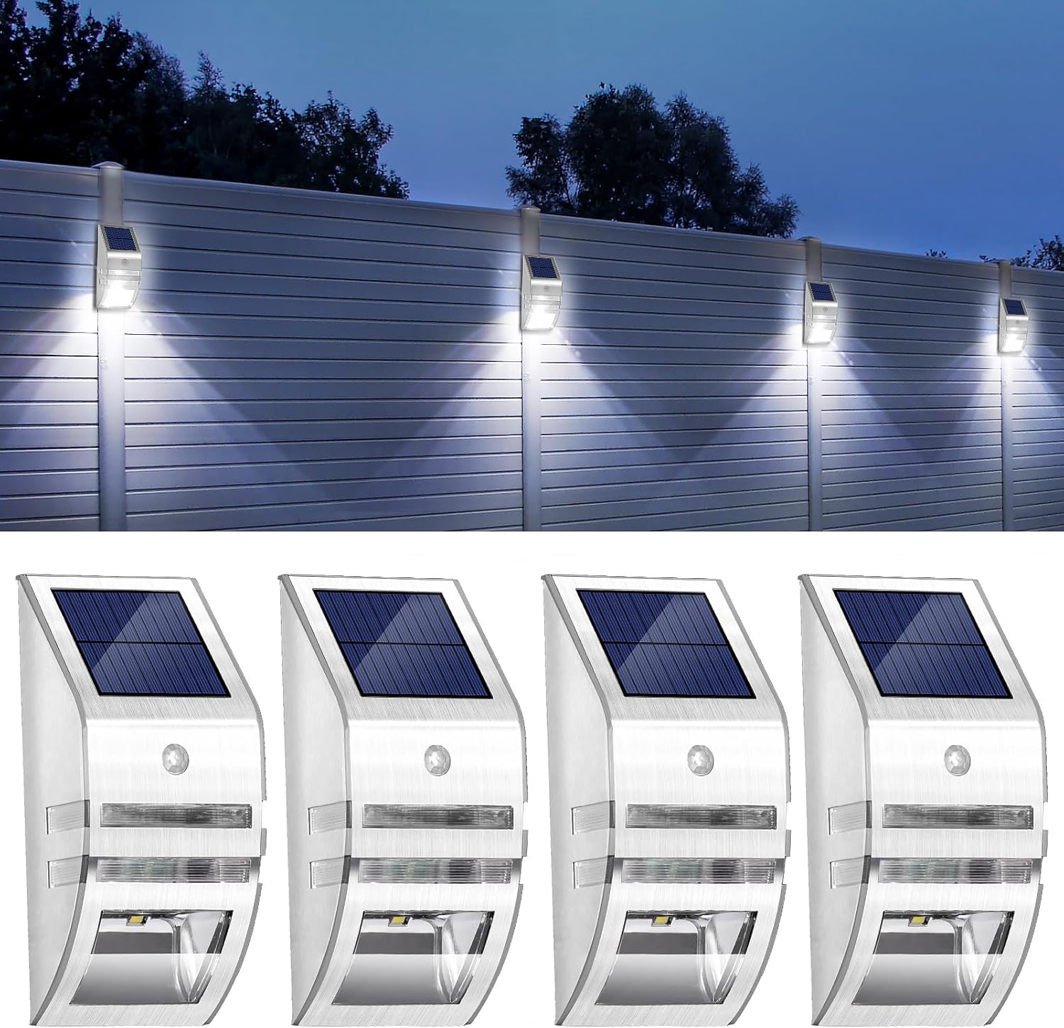  Outdoor Solar Lights with Motion Sensor 4 Pack Stainless Steel Wall Lights IP65 Waterproof Wireless Installation Perfect for Garden Fence Front Door Security 