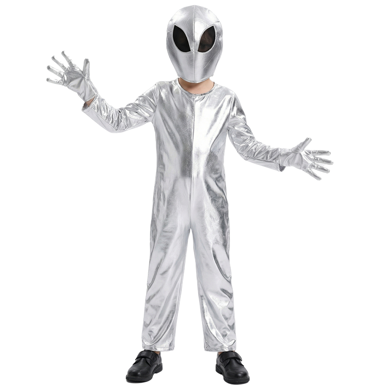 (140CM) Kids Alien Costume Silver Astronaut Halloween Role Play with Hat Gloves Dance Party Costumes for Boys and Girls  Festival