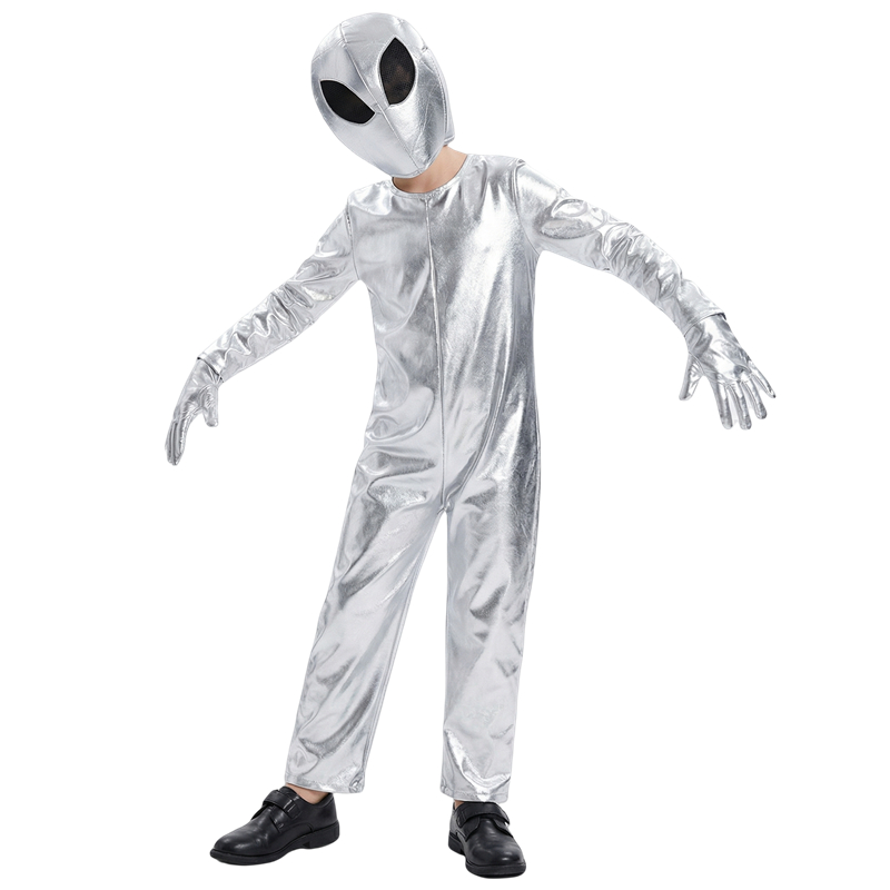 (140CM) Kids Alien Costume Silver Astronaut Halloween Role Play with Hat Gloves Dance Party Costumes for Boys and Girls  Festival