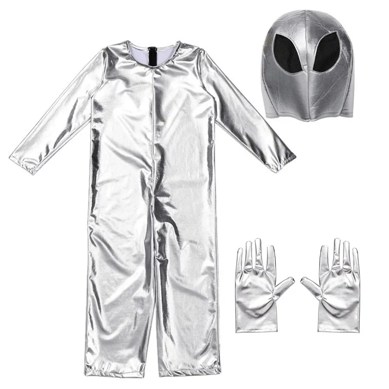 (140CM) Kids Alien Costume Silver Astronaut Halloween Role Play with Hat Gloves Dance Party Costumes for Boys and Girls  Festival