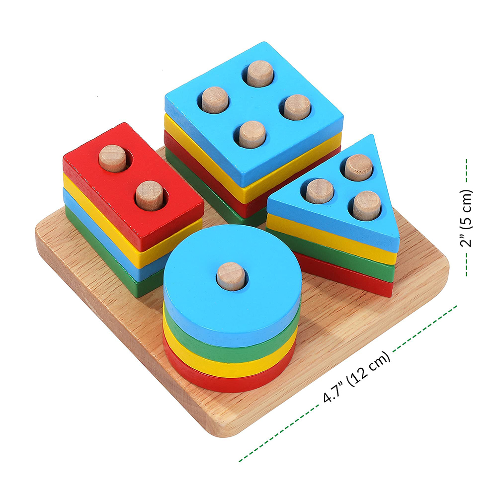 (Square 343) Montessori Wooden Sorting and Stacking Toys Educational Learning Preschool Color Recognition Shape Sorter Puzzles for Kids Gifts