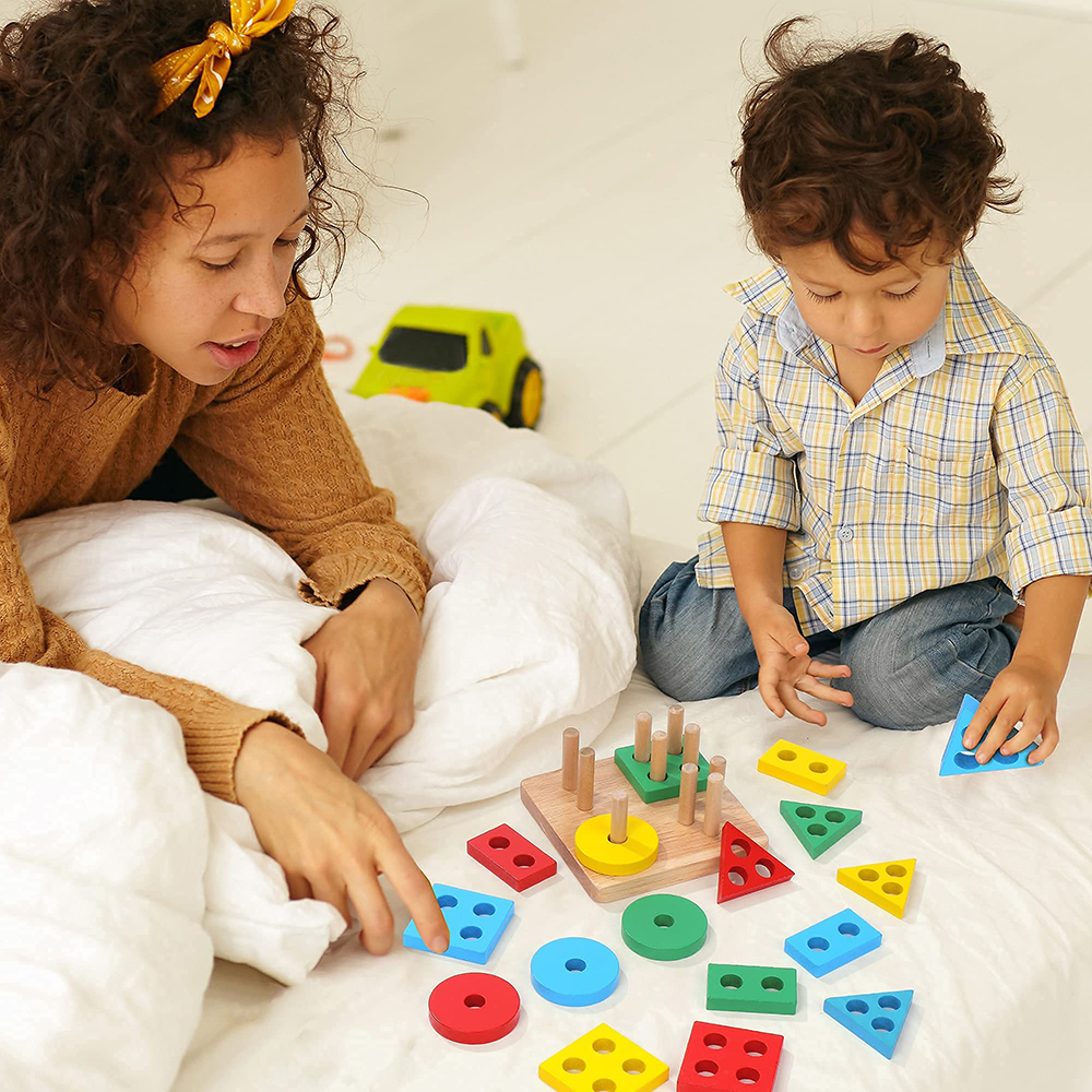 (Square 343) Montessori Wooden Sorting and Stacking Toys Educational Learning Preschool Color Recognition Shape Sorter Puzzles for Kids Gifts
