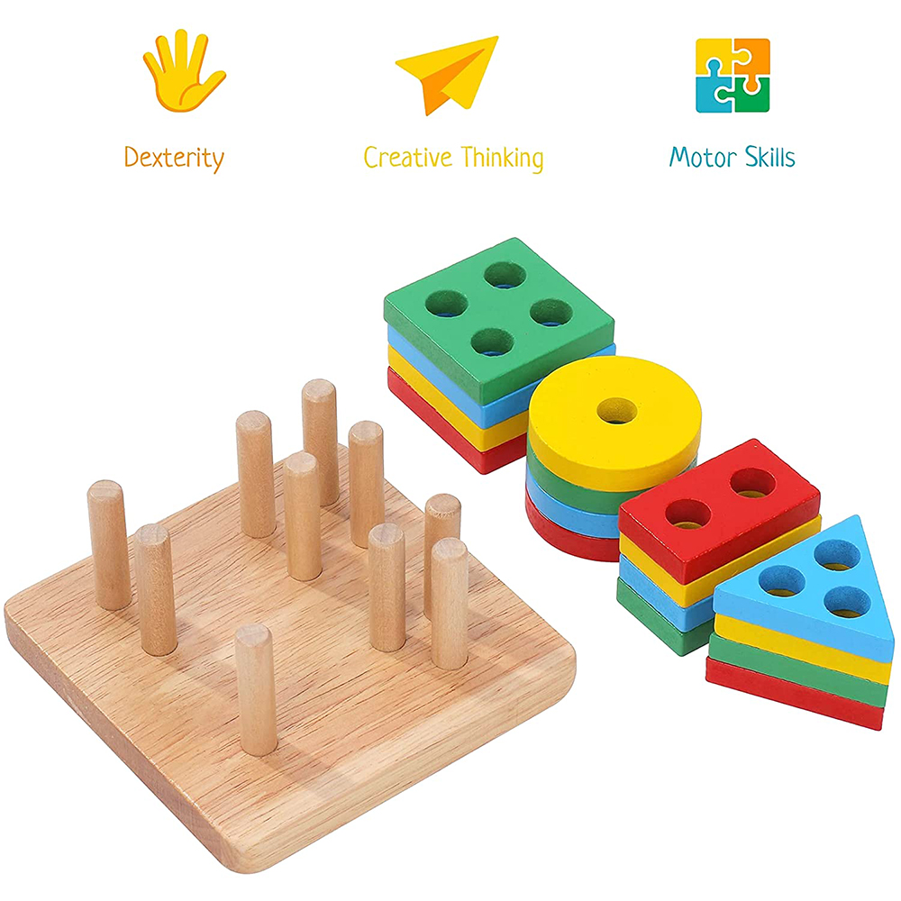 (Square 343) Montessori Wooden Sorting and Stacking Toys Educational Learning Preschool Color Recognition Shape Sorter Puzzles for Kids Gifts