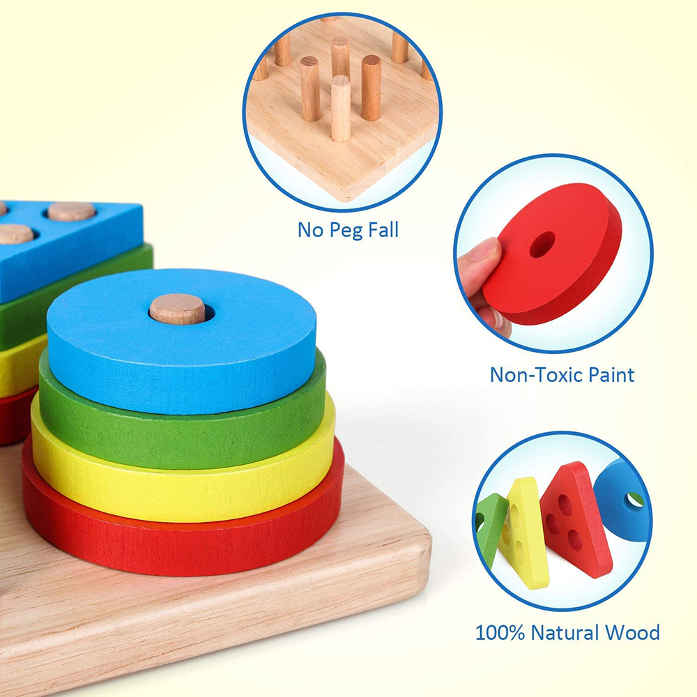 (Square 343) Montessori Wooden Sorting and Stacking Toys Educational Learning Preschool Color Recognition Shape Sorter Puzzles for Kids Gifts