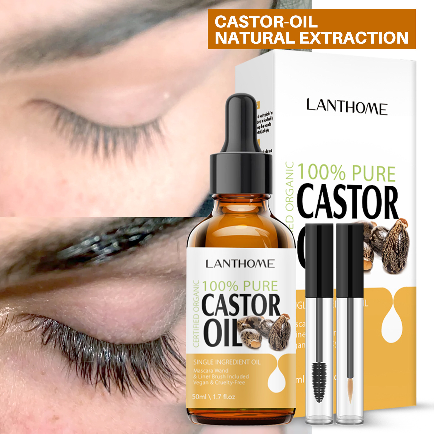 Castor Oil Eyelash Serum Set Nourishing Strengthening Lengthening For Natural Fuller Lashes And Brows Daily Beauty Treatment 50ml