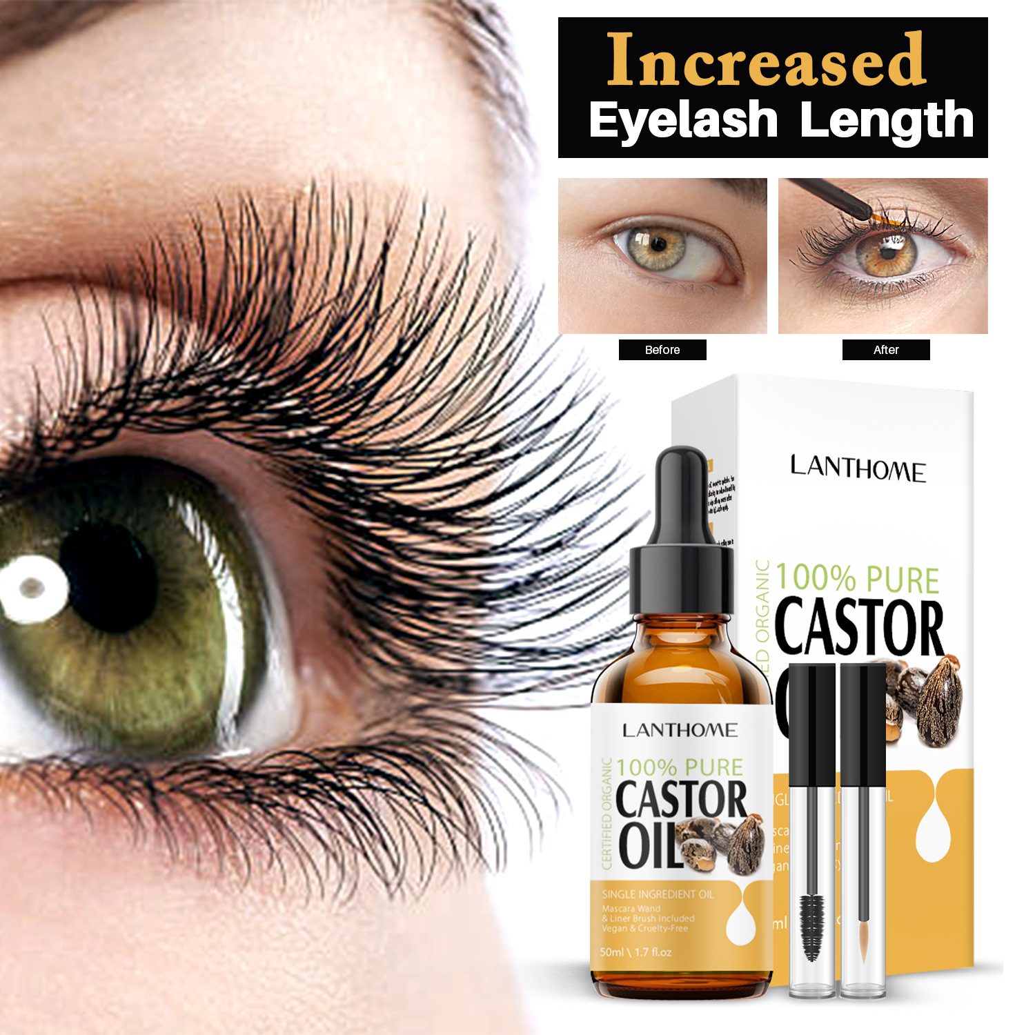 Castor Oil Eyelash Serum Set Nourishing Strengthening Lengthening For Natural Fuller Lashes And Brows Daily Beauty Treatment 50ml
