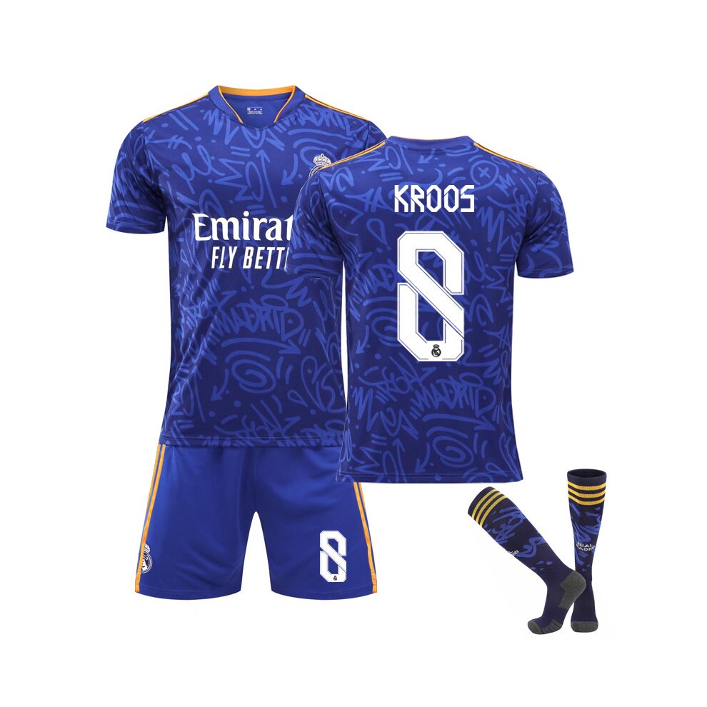 (without numer Adults XXL) Football Jersey Kits With Socks 21-22 Real Madrid Away Sapphire Football Jersey Suit For Adults Kids Boys Soccer Training T-shirt UINIJR MODRIC BENZEMA KROOS and HAZARD Fans Gift Blue