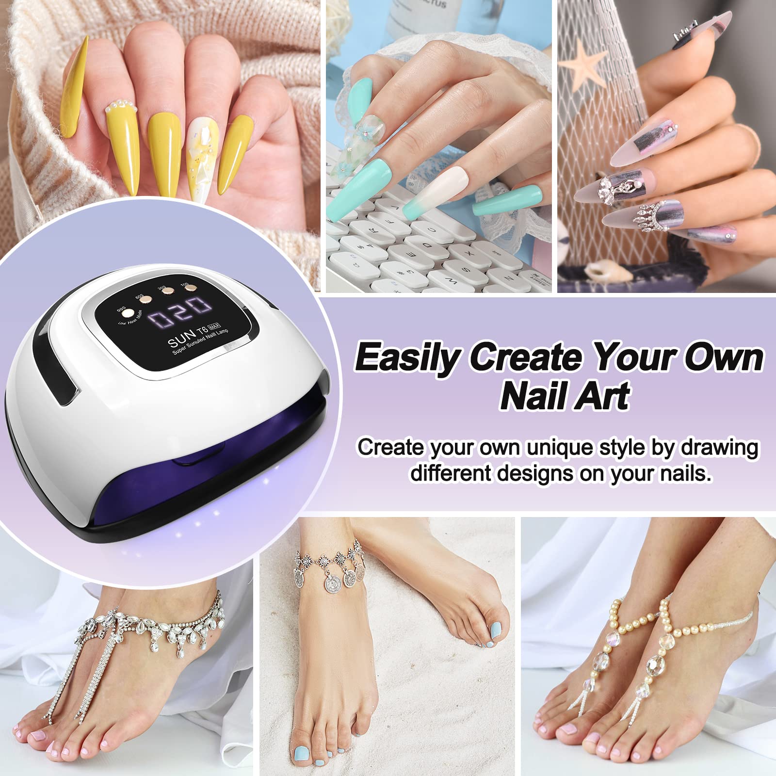 UV Nail Lamp Led Gel Nail Lamps Nail Dryer UV Lamps DIY Manicure Salon Tools 220W for Gel Nails 4 Timers with Auto Sensor