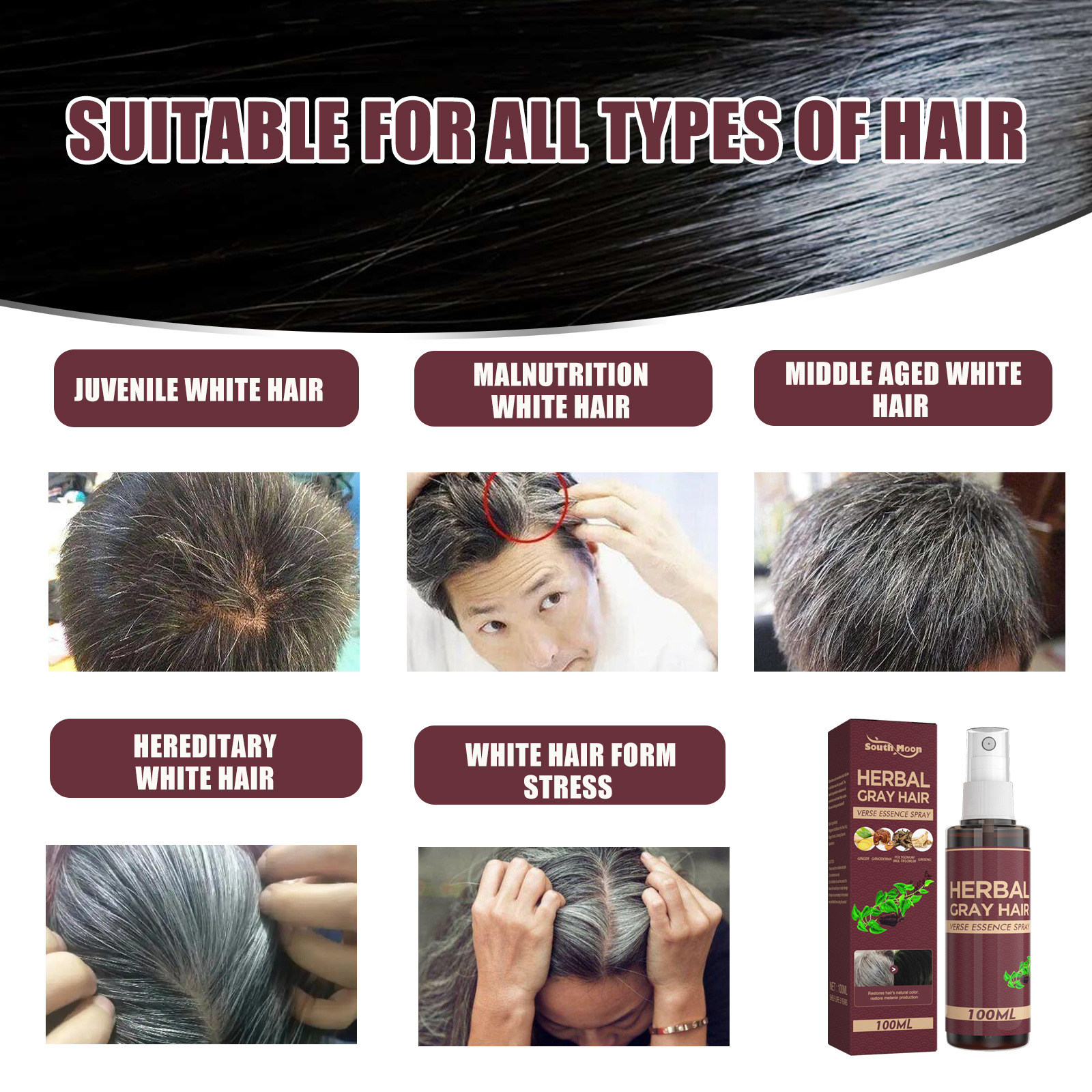 Herbal Black Hair Liquid Hair Darkening Spray Anti Gray Hair Scalp Nourish Spray Hair Treatment Polygonum Multiflorum Essence Bright Hair Care 100ml