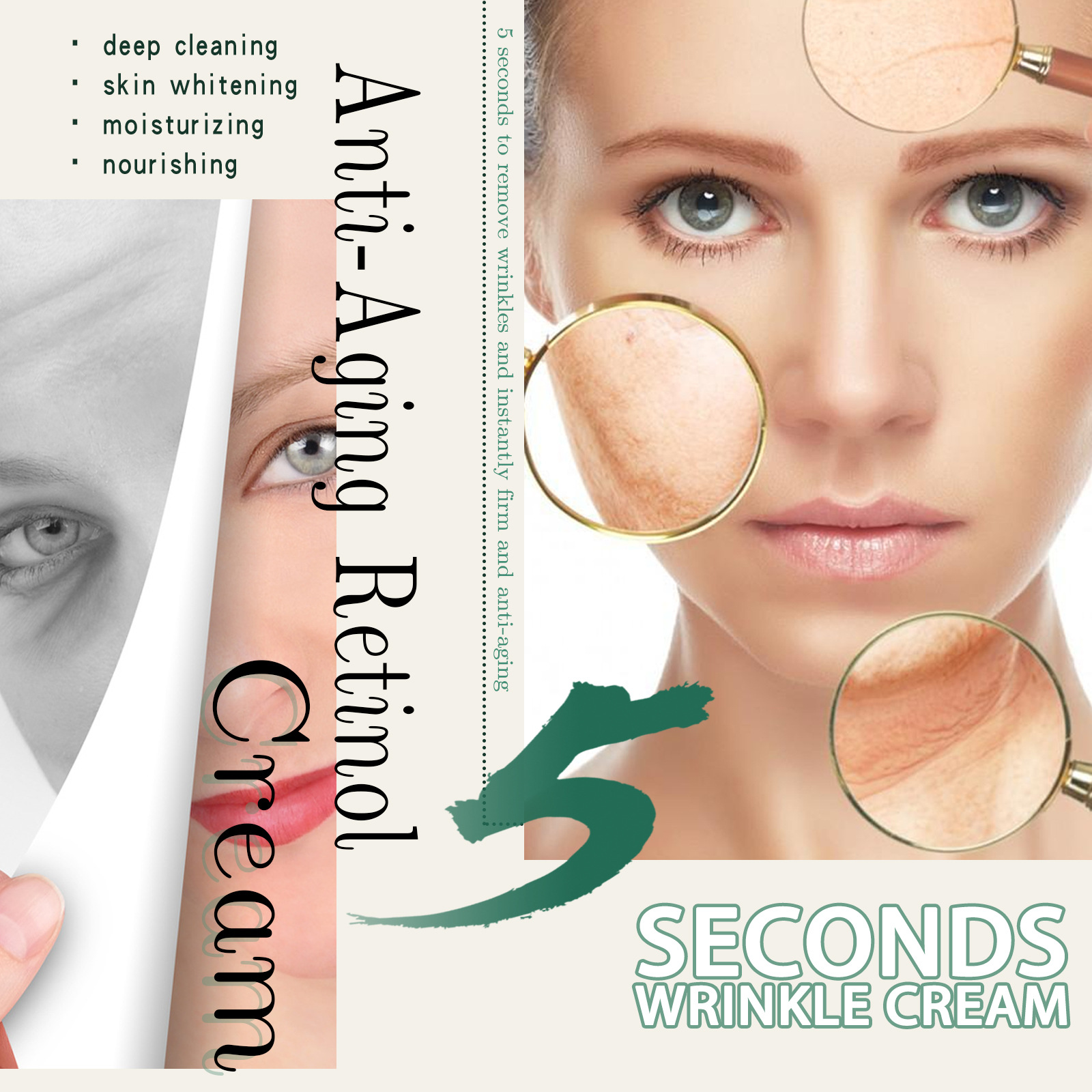 Face Cream Wrinkles Removal Cream 5 Seconds Lifting Firming Anti-aging Fade Eyes Puffiness Fine Lines Moisturizing Skin Rejuvenation