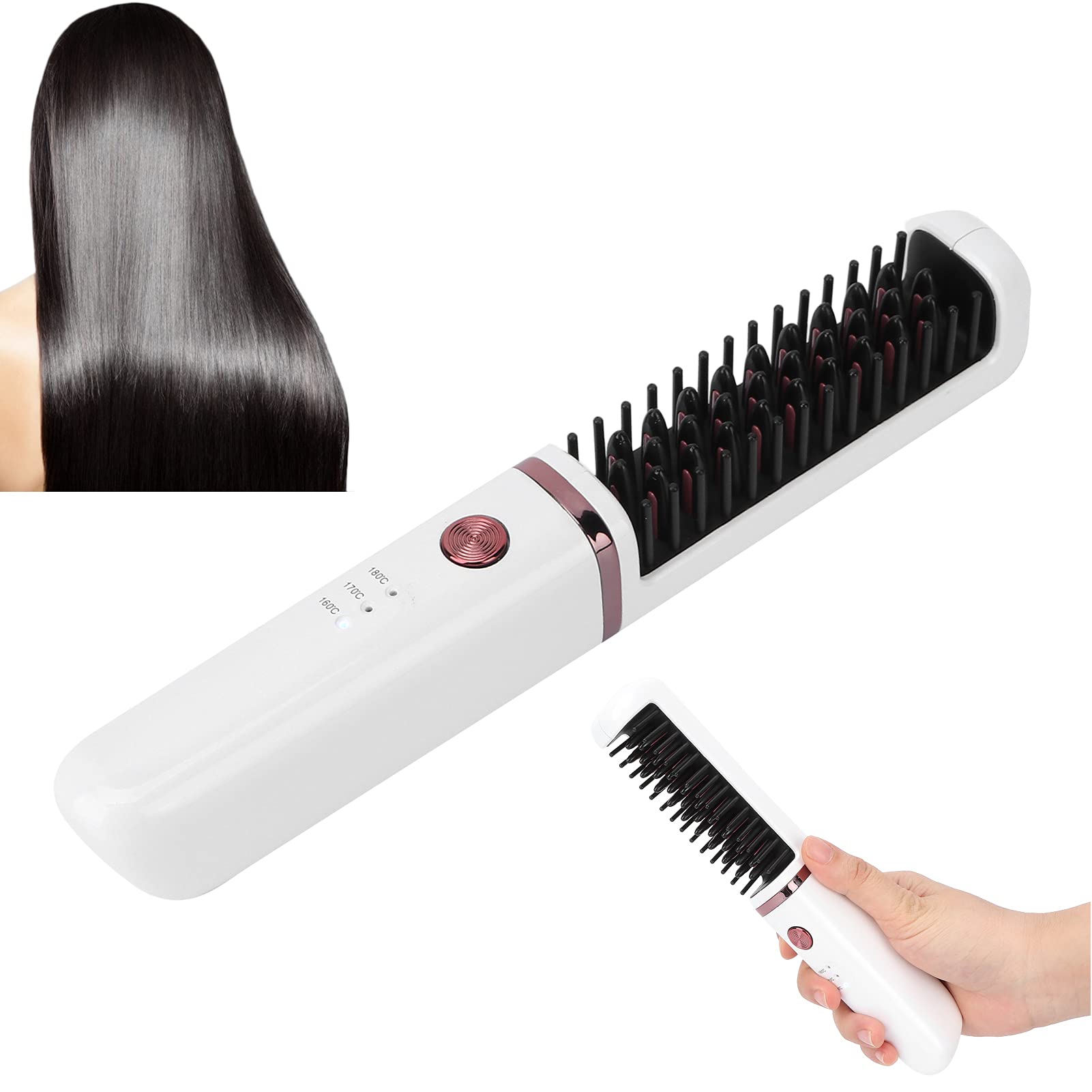 Wireless Straight Hair Comb USB Rechargeable Ceramic Hair Straightener with 3 Levels Adjustable Temper