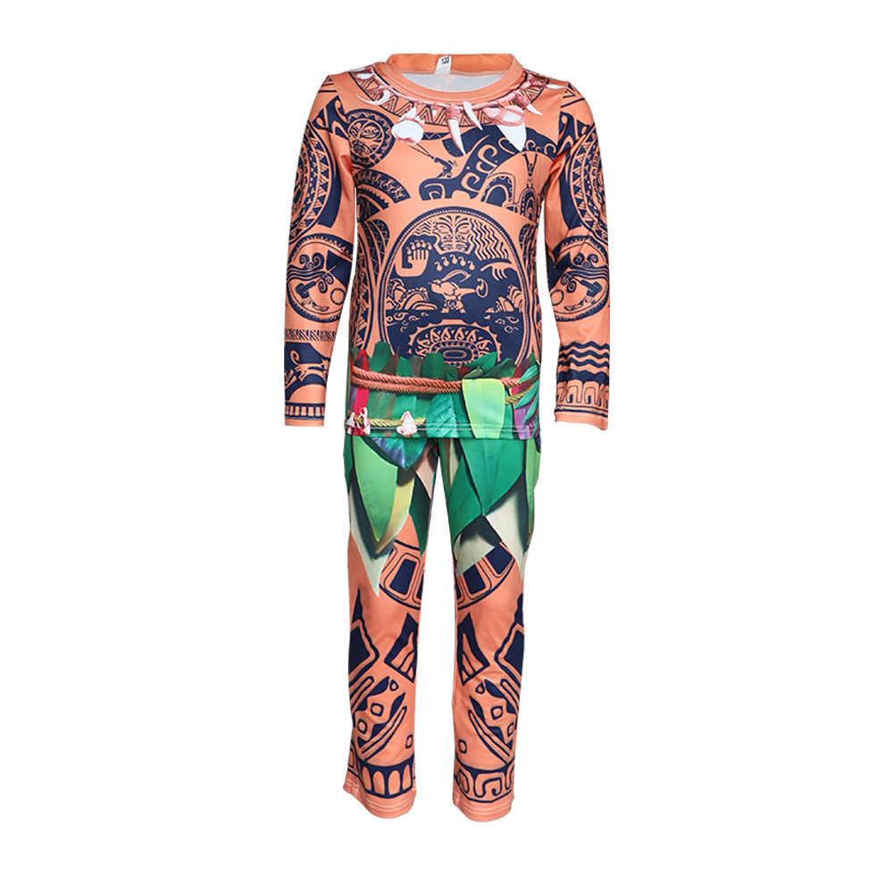 (Size 100) Moana Maui Tattoo Cosplay Costume Boys Adventure Cartoon Long Sleeve T Shirt Pants Set Kids Halloween Dress Up Party Costumes Suit Outfits