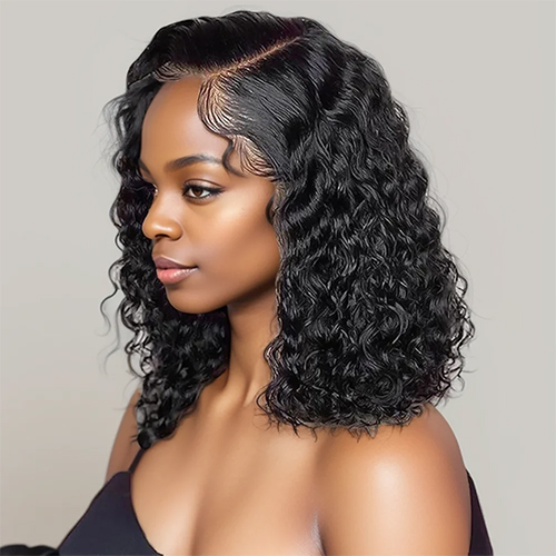 (Side Part 8inches) Bob Lace Wig Black Curly For Women Deep Water Curly Wave Human Hair Wigs 100 Percent  Remy Natural Hair Short Lace Frontal T Part Wig
