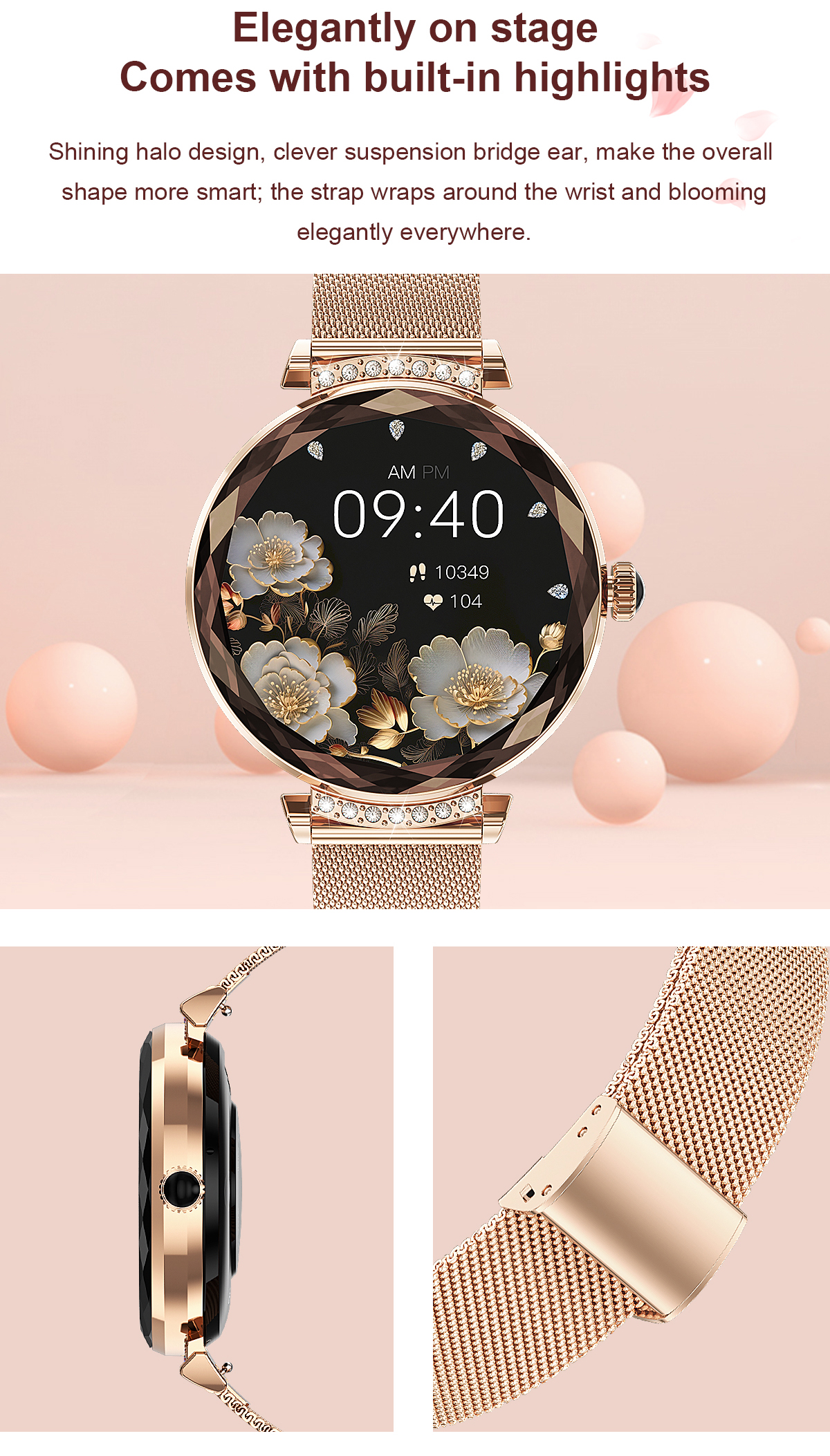 (Gold) Lady Smart Watch Fashion 1.19 Inch AMOLED BT Call Women Female IP68 Smartwatch