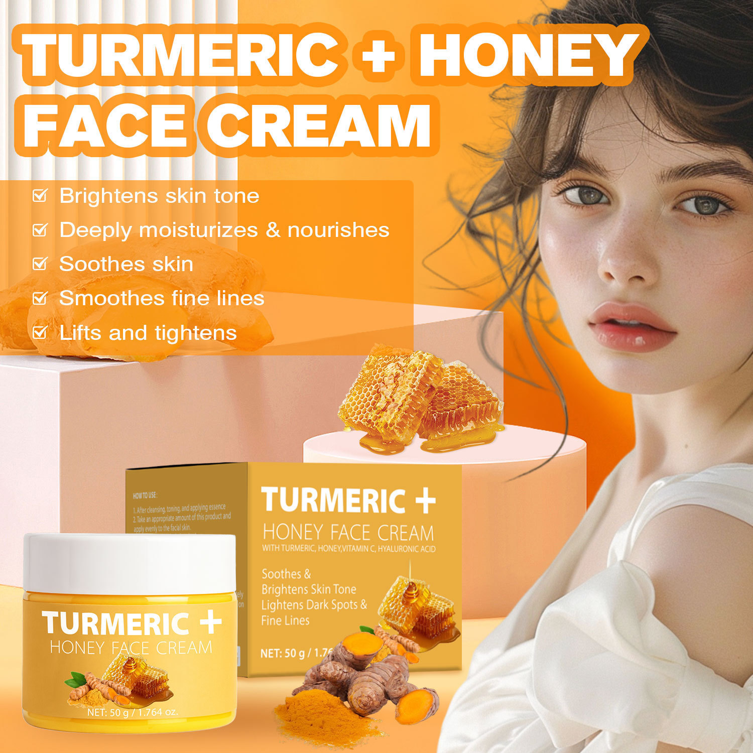 Turmeric Honey Face Cream Moisturizing Anti Fine Line Gentle Repair Daily Skin Care 50g