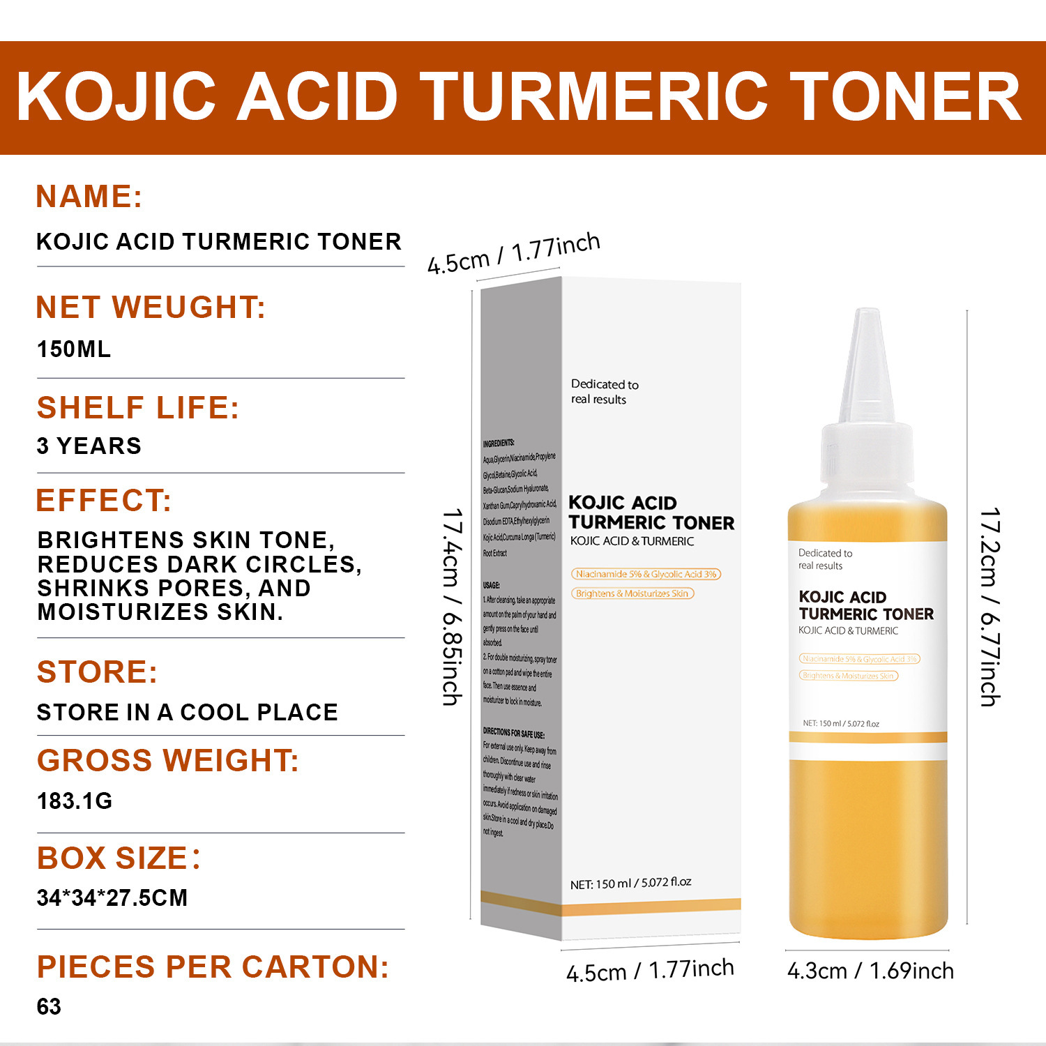 Kojic Acid Turmeric Purifying Toner For Brightening Even Tone And Daily Hydrating Face Care 150ml