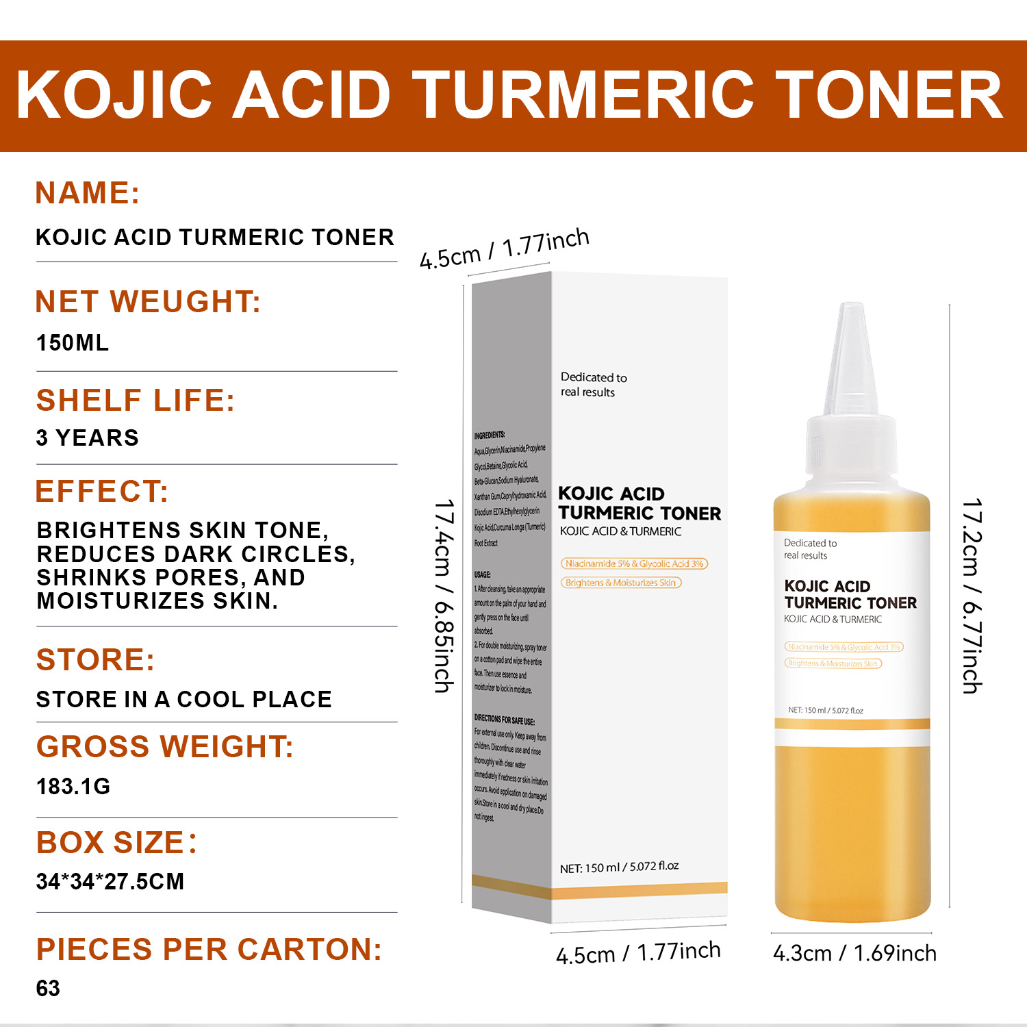 Kojic Acid Turmeric Purifying Toner For Brightening Even Tone And Daily Hydrating Face Care 150ml