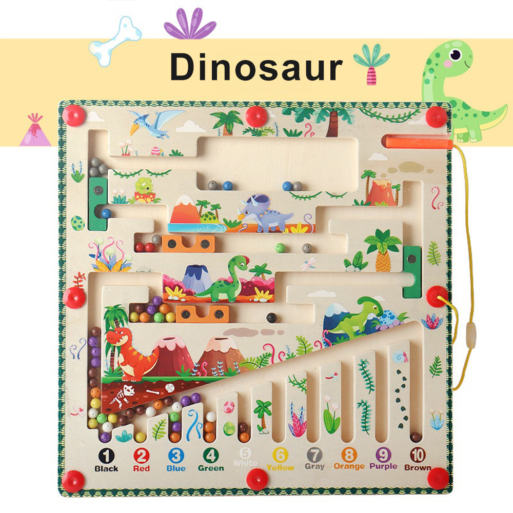 (Dinosaur) Magnetic Color and Number Maze Montessori Toys Wooden Puzzle Activity Board Learning Puzzle Counting Matching Toys for Toddlers