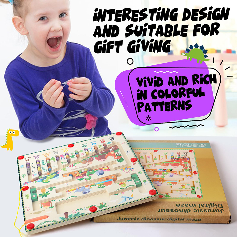 (Dinosaur) Magnetic Color and Number Maze Montessori Toys Wooden Puzzle Activity Board Learning Puzzle Counting Matching Toys for Toddlers