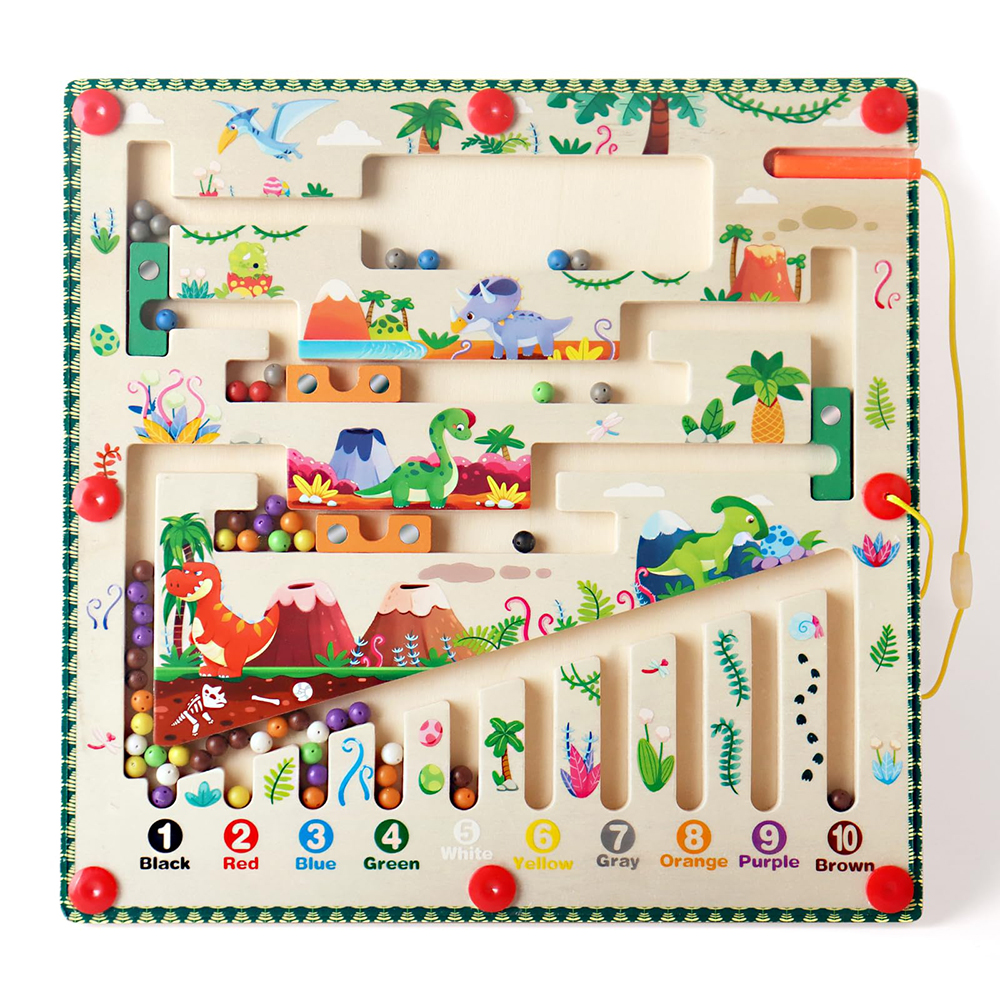 (Dinosaur) Magnetic Color and Number Maze Montessori Toys Wooden Puzzle Activity Board Learning Puzzle Counting Matching Toys for Toddlers