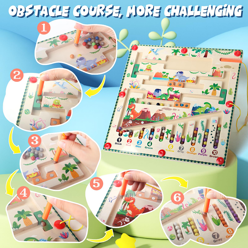 (Dinosaur) Magnetic Color and Number Maze Montessori Toys Wooden Puzzle Activity Board Learning Puzzle Counting Matching Toys for Toddlers