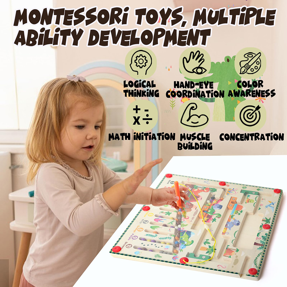 (Dinosaur) Magnetic Color and Number Maze Montessori Toys Wooden Puzzle Activity Board Learning Puzzle Counting Matching Toys for Toddlers