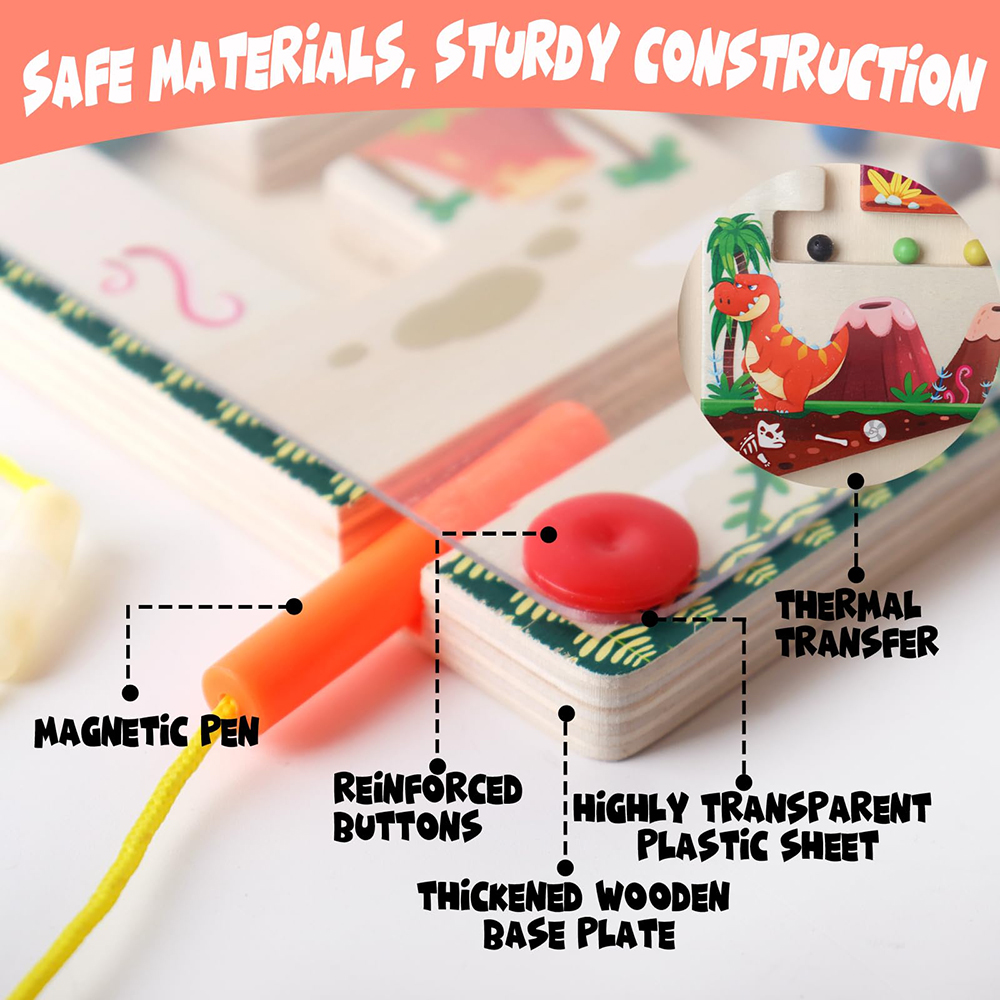 (Dinosaur) Magnetic Color and Number Maze Montessori Toys Wooden Puzzle Activity Board Learning Puzzle Counting Matching Toys for Toddlers