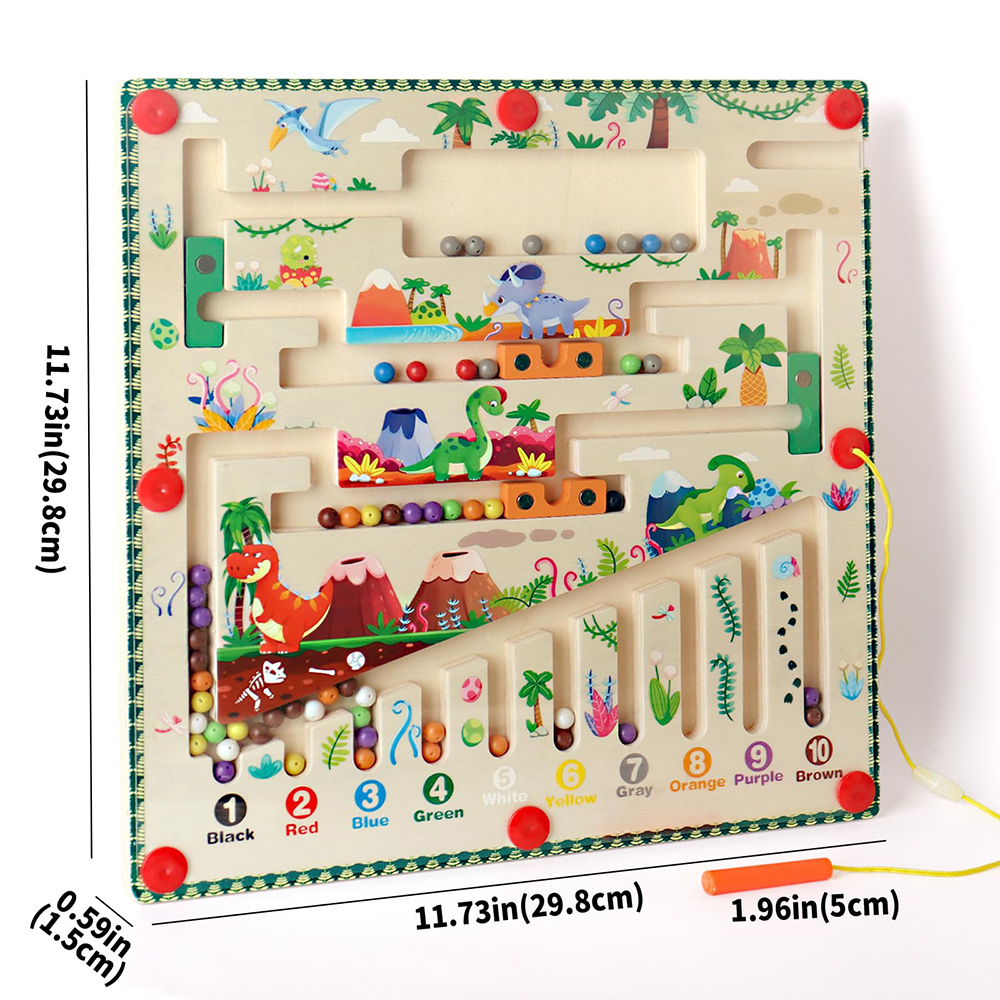 (Dinosaur) Magnetic Color and Number Maze Montessori Toys Wooden Puzzle Activity Board Learning Puzzle Counting Matching Toys for Toddlers