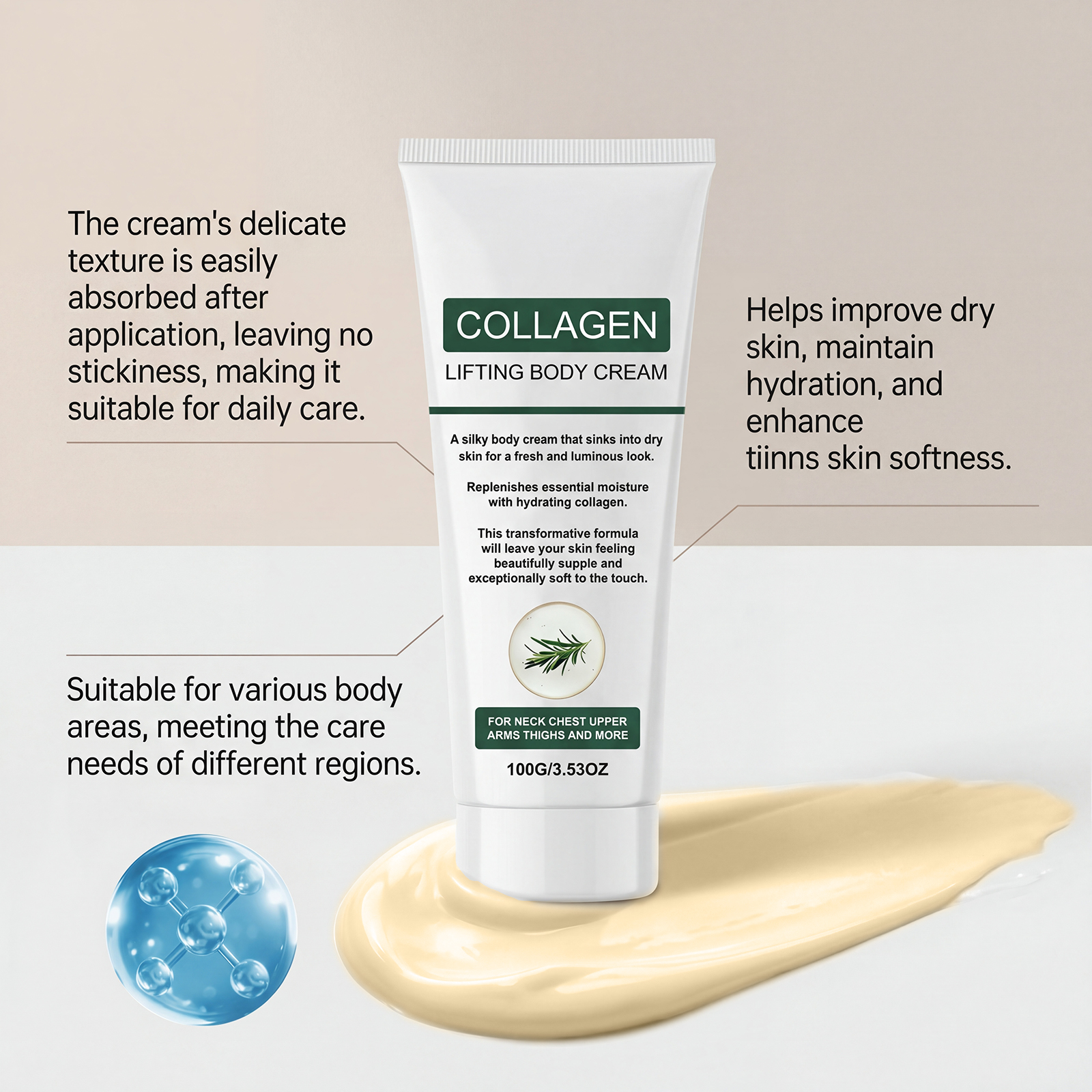 Rosemary Body Care Cream Contains Plant Extracts Light Texture Collagen Moisturizes Hydrates Protects Skin