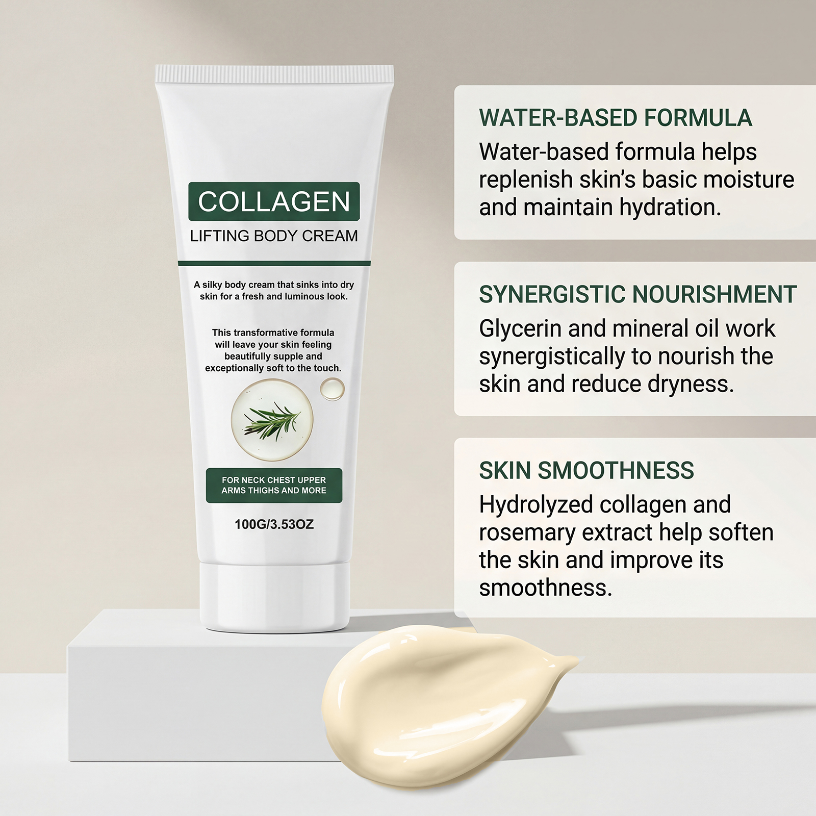 Rosemary Body Care Cream Contains Plant Extracts Light Texture Collagen Moisturizes Hydrates Protects Skin