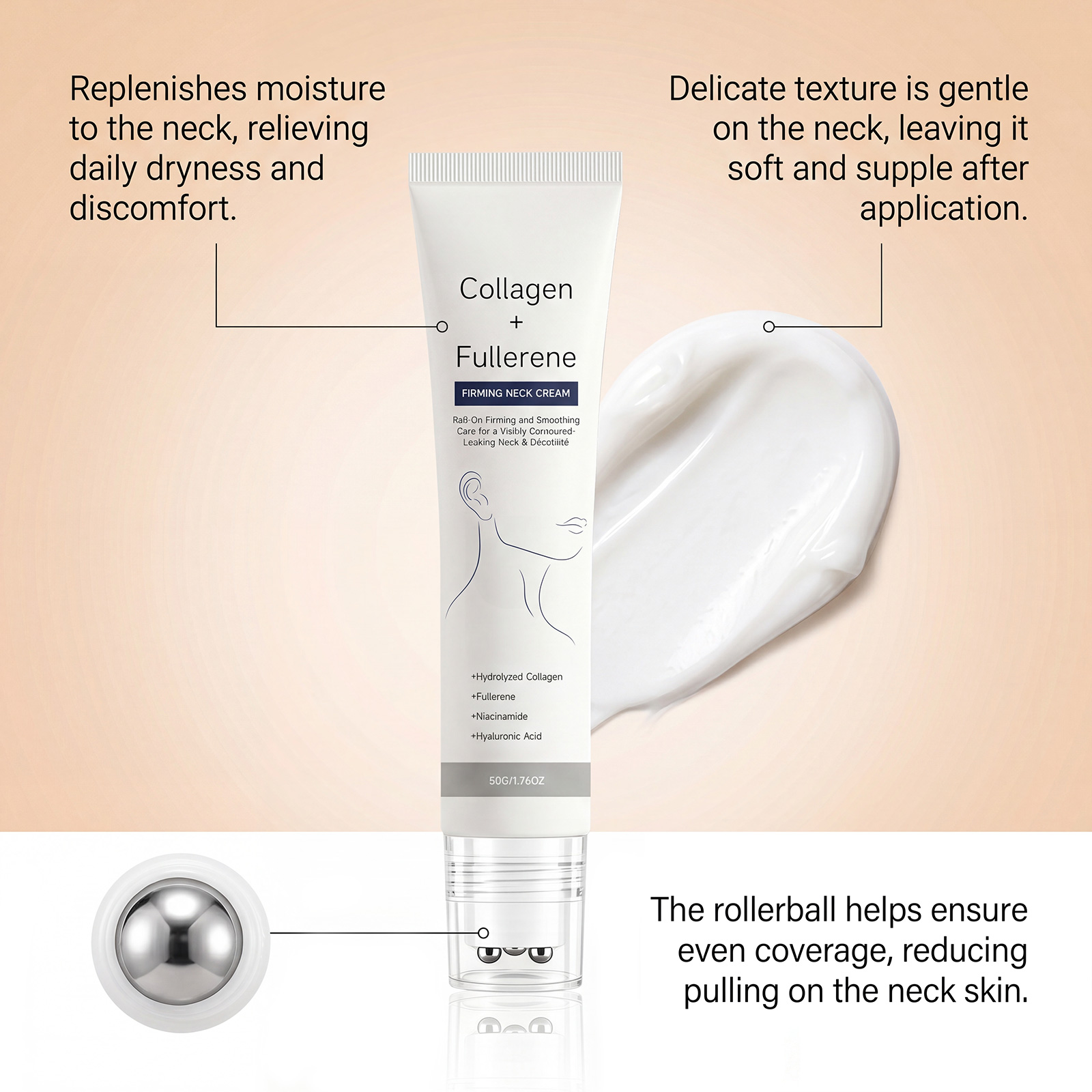 Moisturizing Neck Cream Gentle Hydrating Brightening Neck Skin Refreshing Elastic Tender Roller Massage Neck Cream