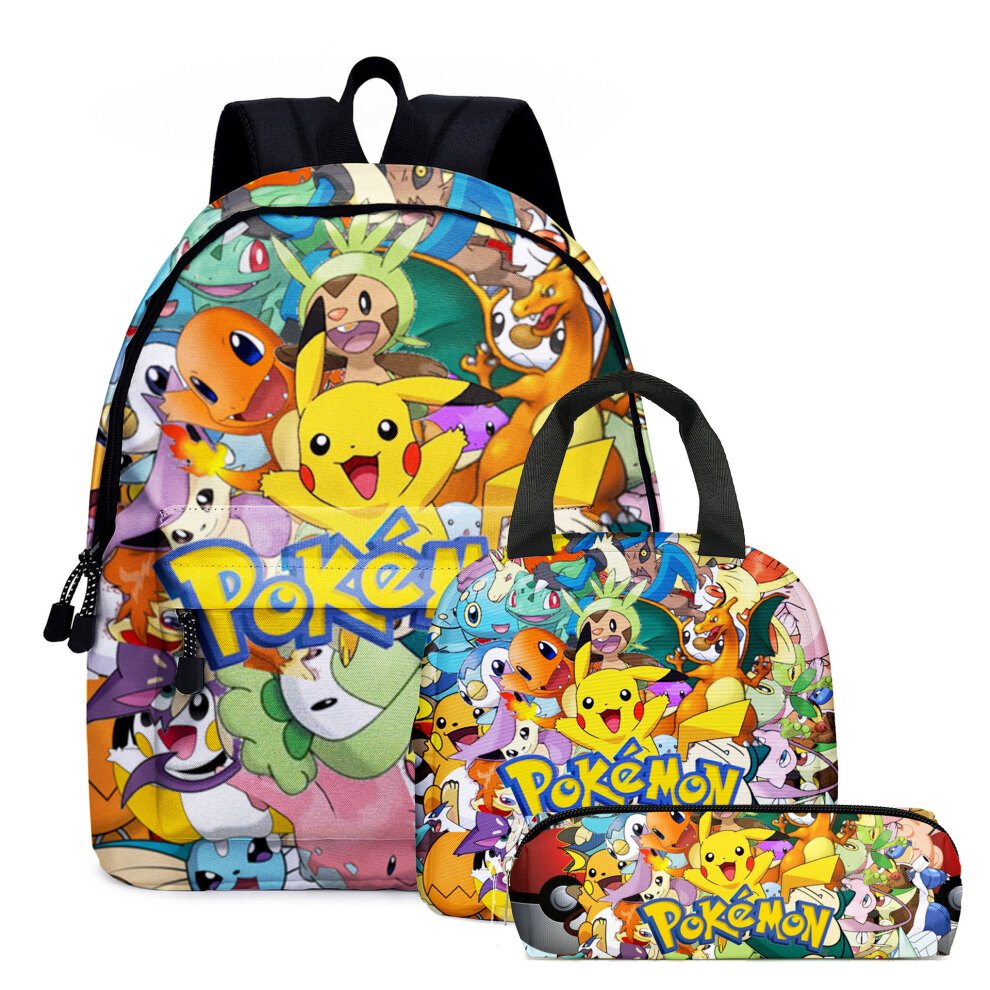 (09, 3PCS) Poku00e9mon Pikachu Backpack Lunch Bag Pencil Case Set Kids Gift